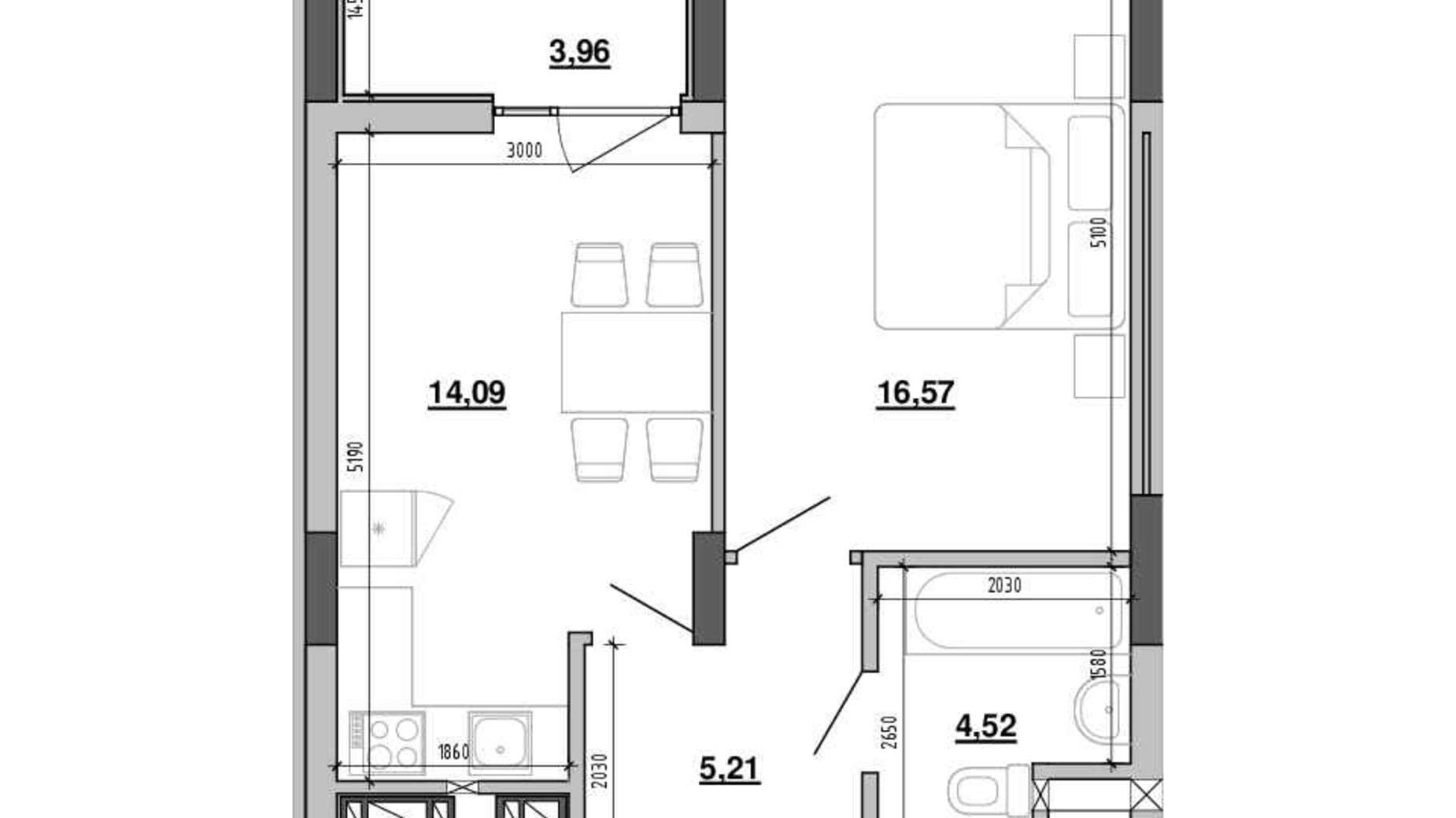 Планування 1-кімнатної квартири в ЖК Містечко Підзамче 44.35 м², фото 625348