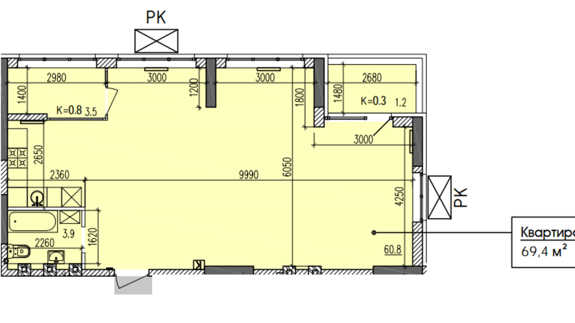Планування 2-кімнатної квартири в ЖК Затишний-2 69.4 м², фото 625649