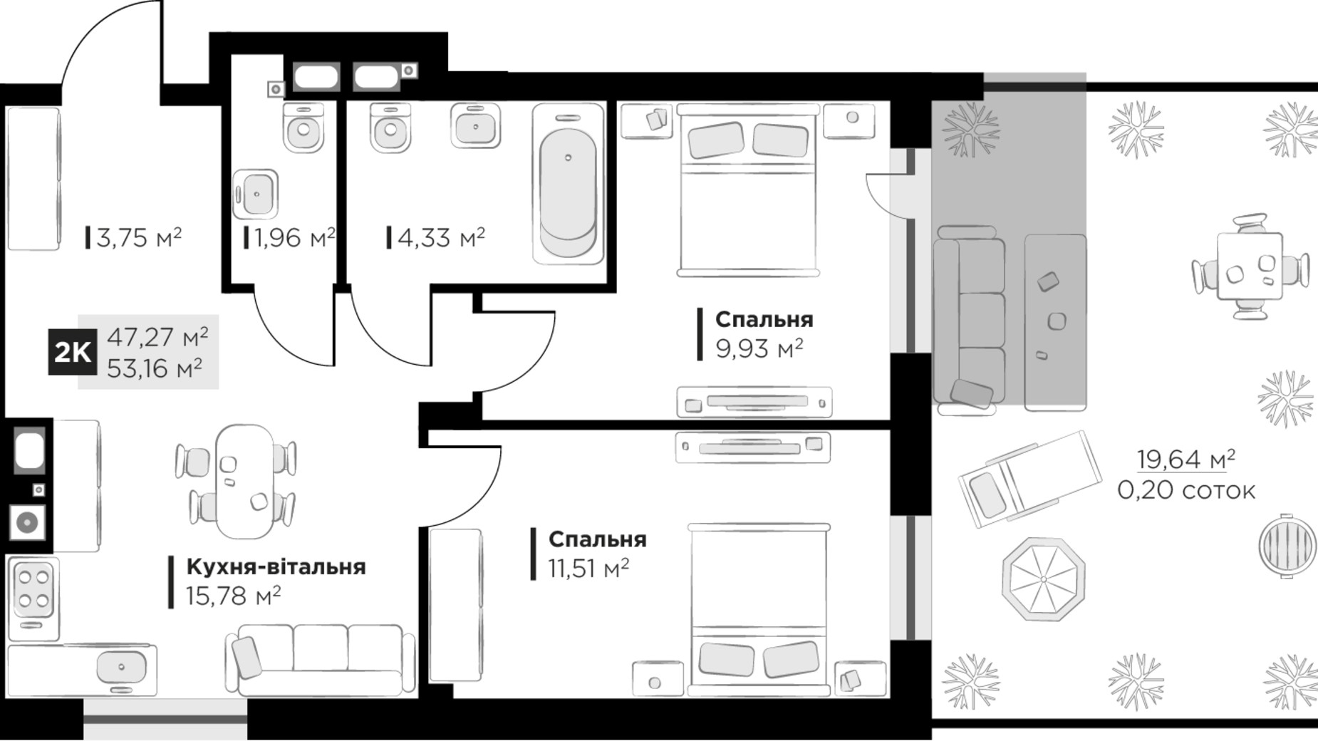 Планування 2-кімнатної квартири в ЖК SILENT PARK 53.16 м², фото 625722