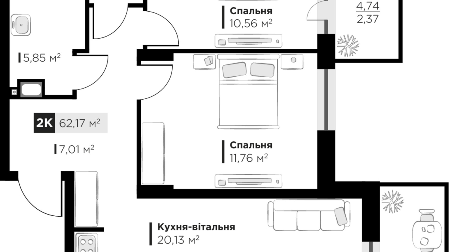 Планування 2-кімнатної квартири в ЖК SILENT PARK 62.17 м², фото 625730