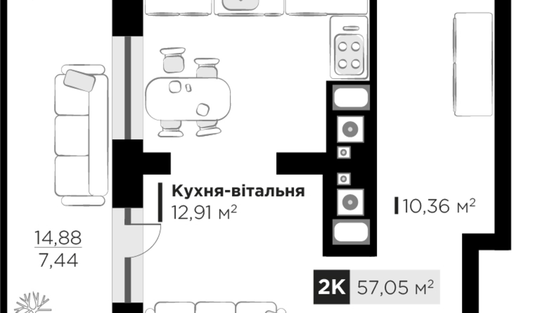 Планування 2-кімнатної квартири в ЖК SILENT PARK 57.05 м², фото 625767