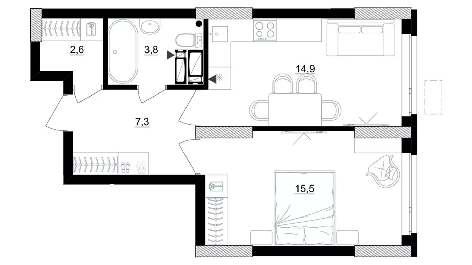 Планировка 1-комнатной квартиры в ЖК Kub29 44.1 м², фото 627015