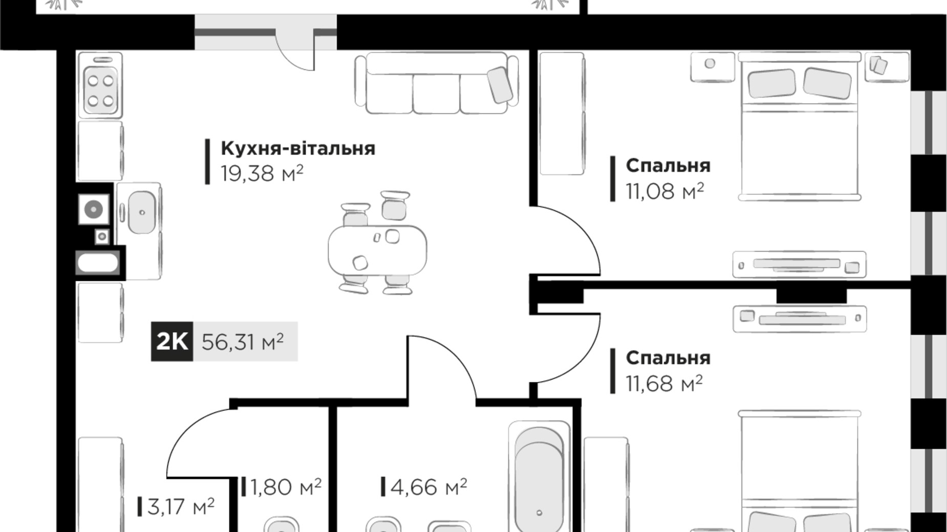 Планування 2-кімнатної квартири в ЖК SILENT PARK 56.31 м², фото 627045