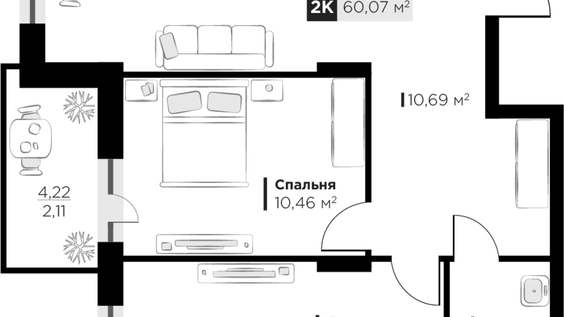Планування 2-кімнатної квартири в ЖК SILENT PARK 60.07 м², фото 628679