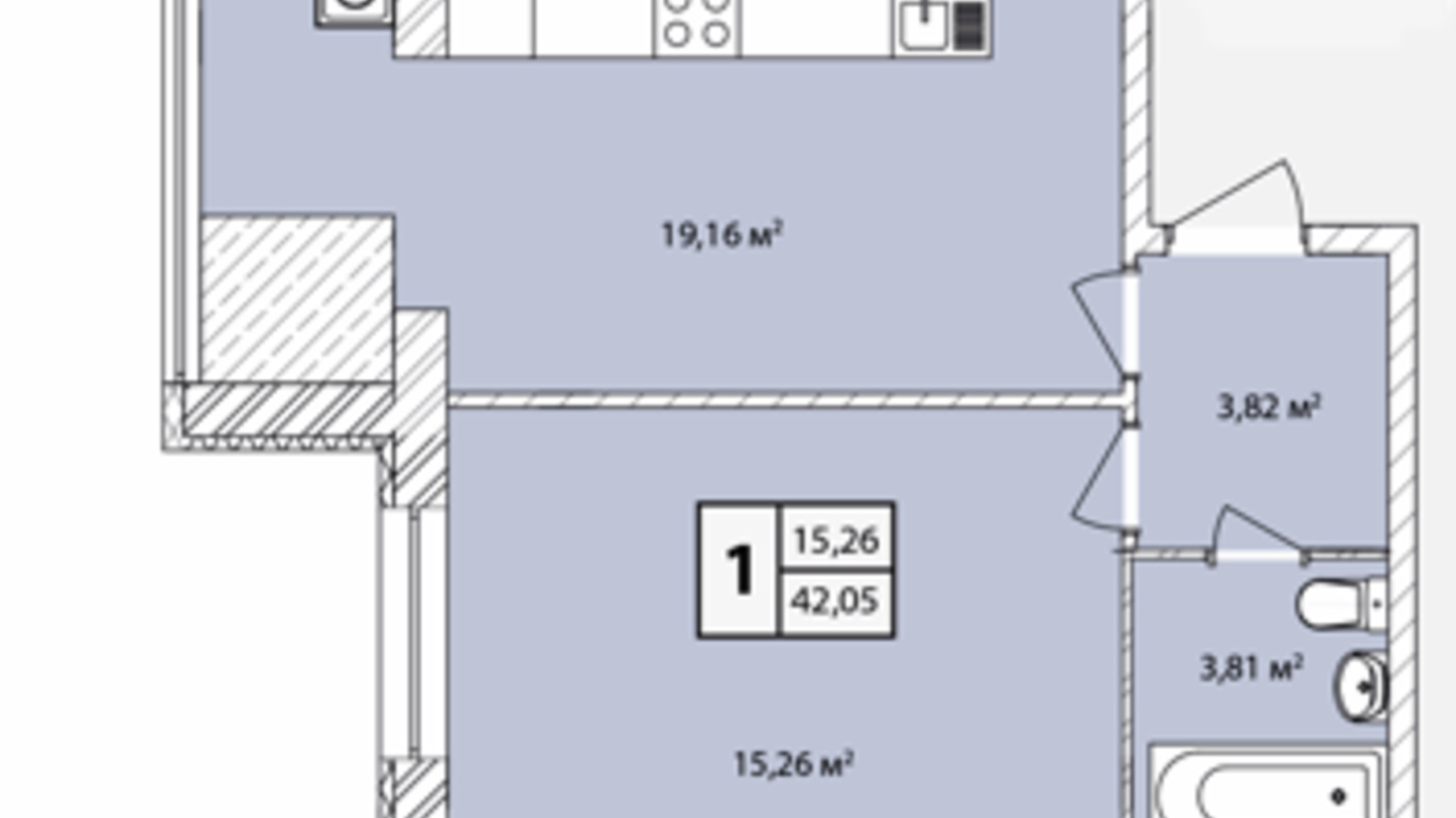 Планировка 1-комнатной квартиры в ЖК Прага Gold 42.05 м², фото 631208