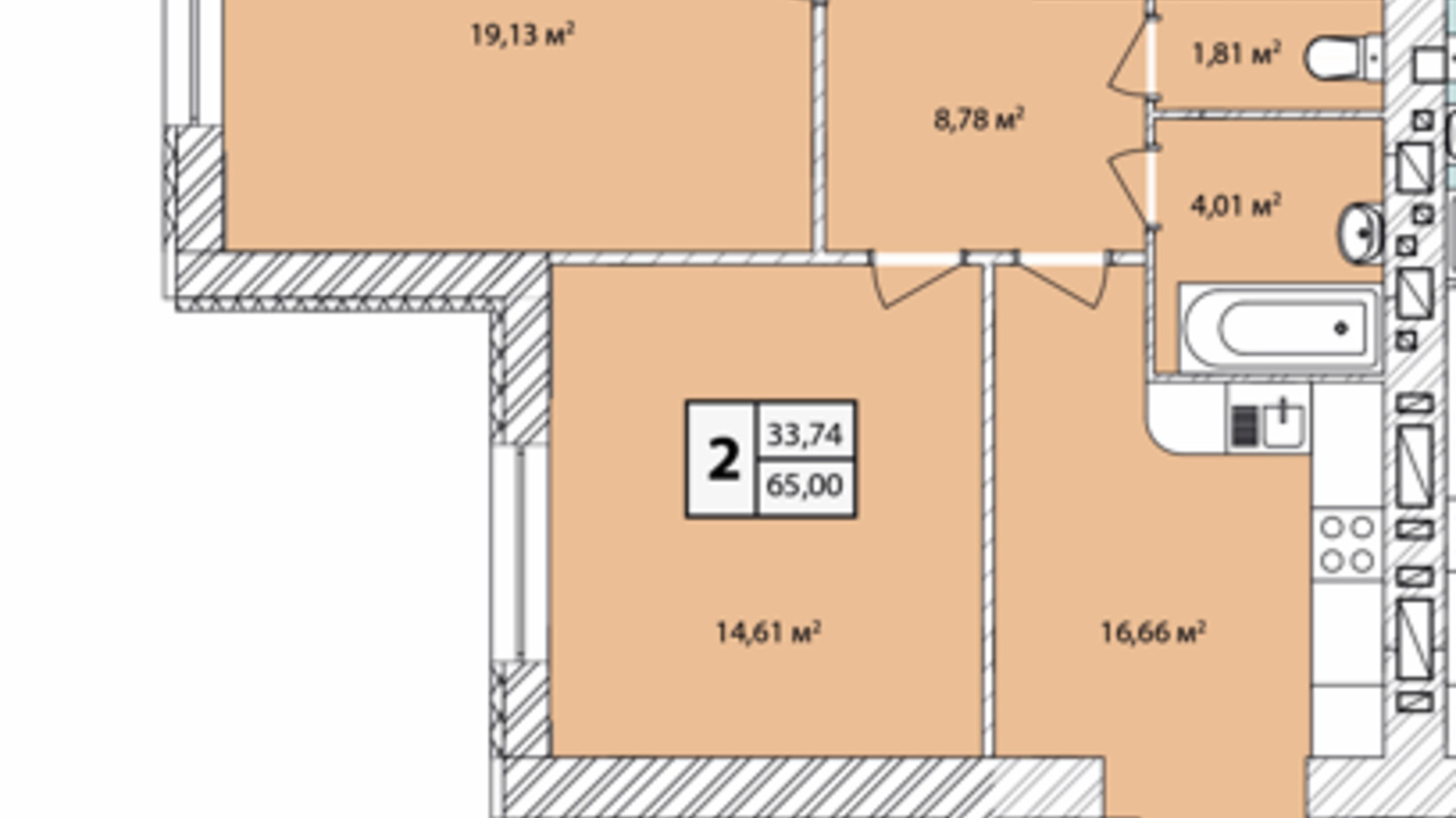 Планировка 2-комнатной квартиры в ЖК Прага Gold 65 м², фото 631212