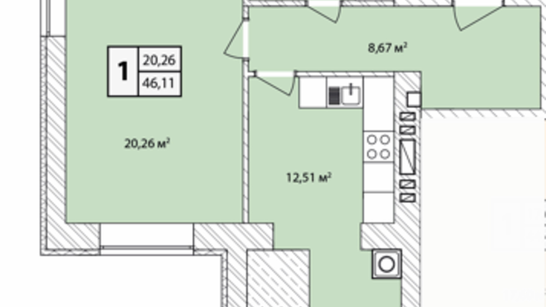 Планировка 1-комнатной квартиры в ЖК Прага Gold 46.11 м², фото 631216