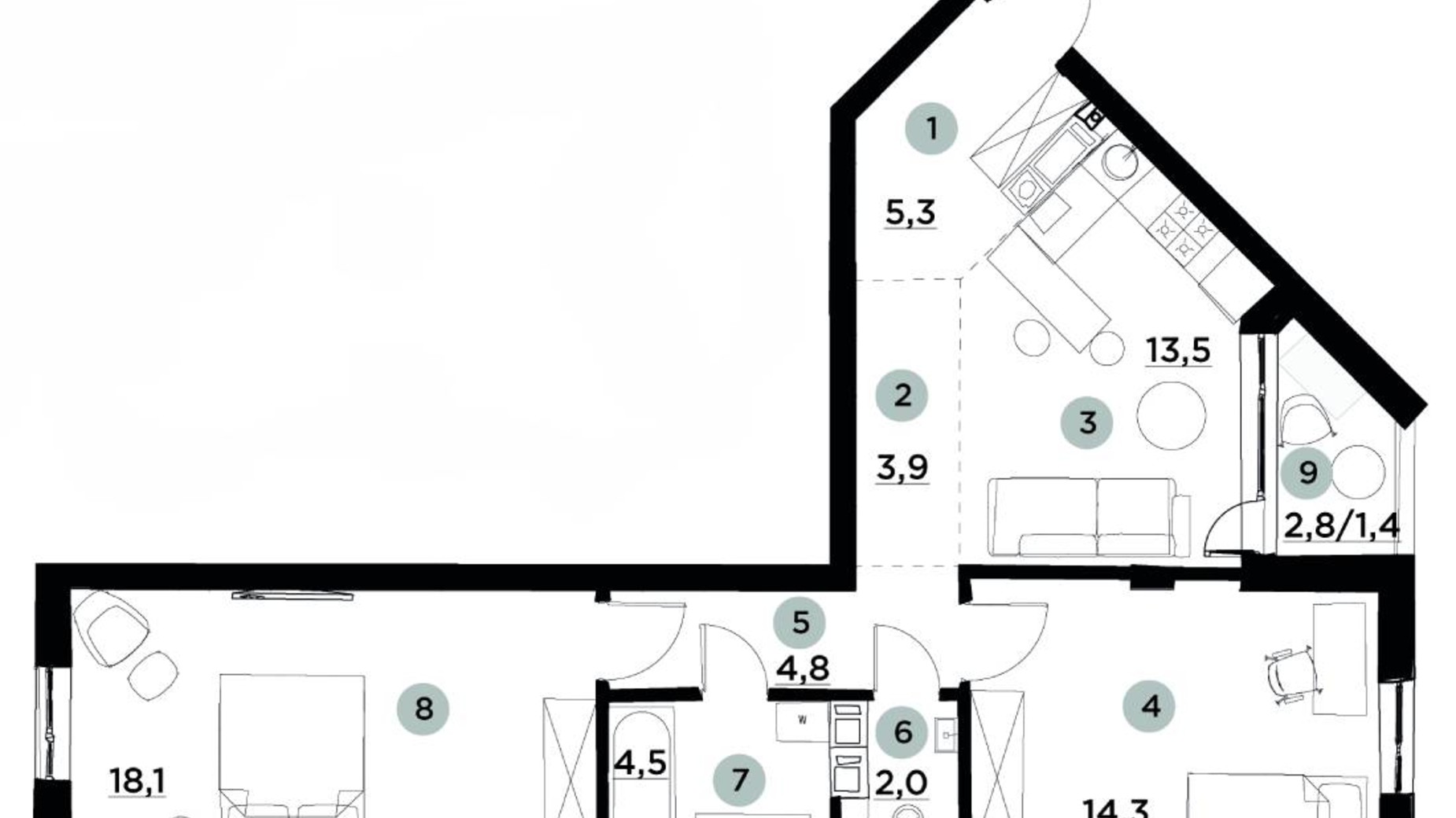Планировка 2-комнатной квартиры в ЖК Parktown 67 м², фото 631947