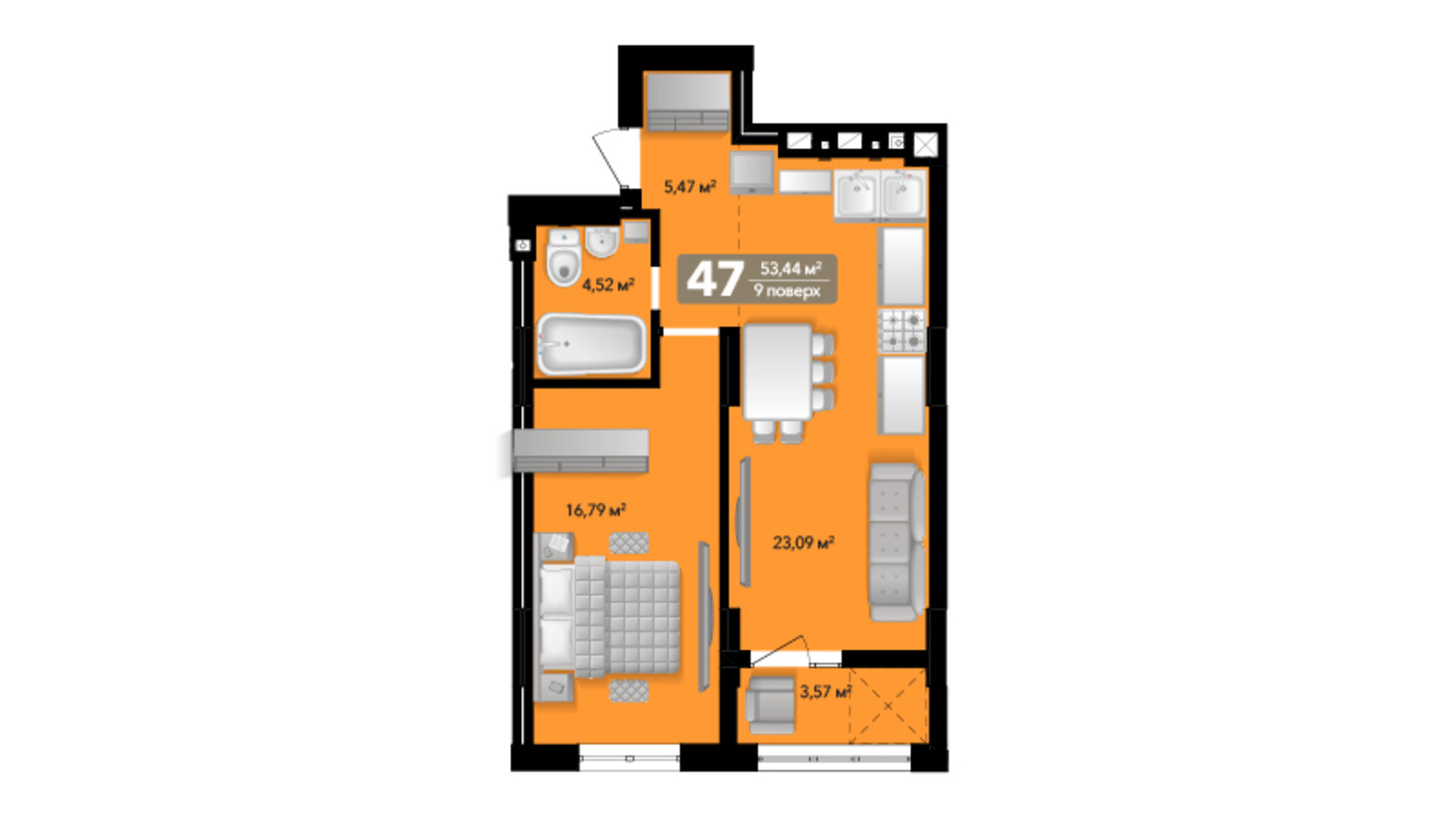 Планування 1-кімнатної квартири в ЖК Весняний 53.44 м², фото 639064