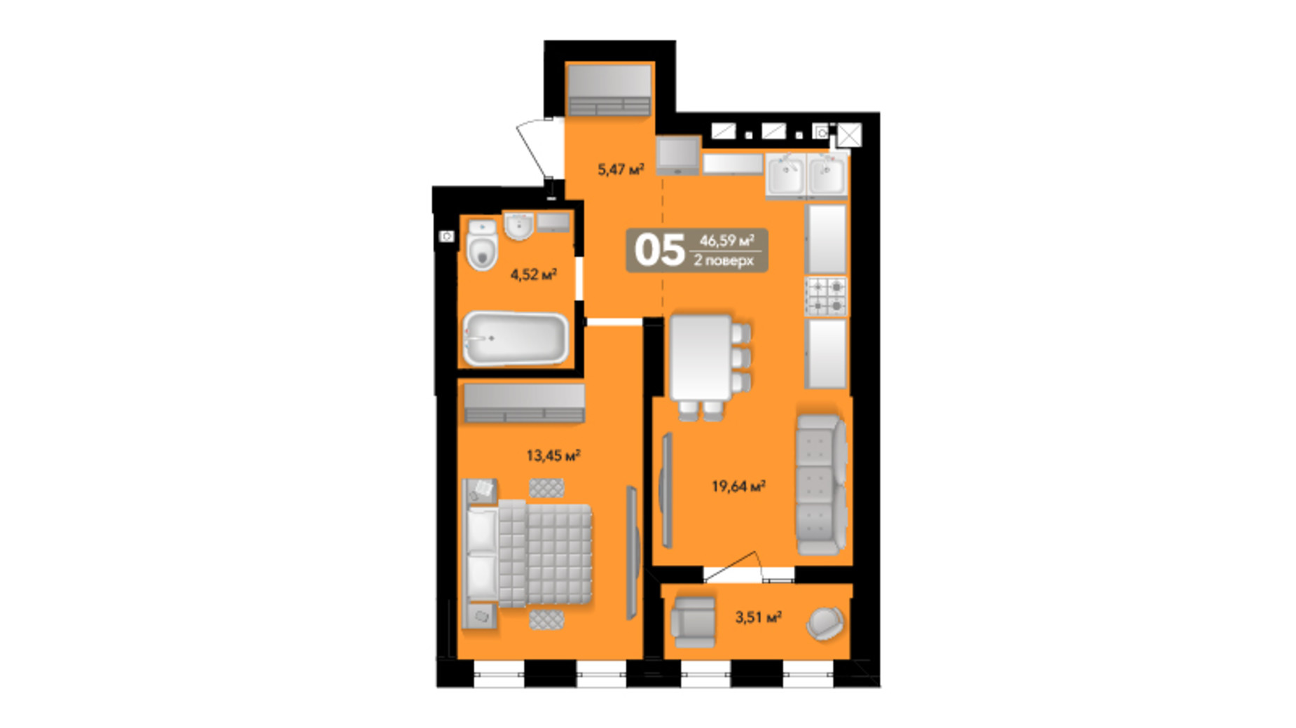 Планування 1-кімнатної квартири в ЖК Весняний 46.59 м², фото 639067