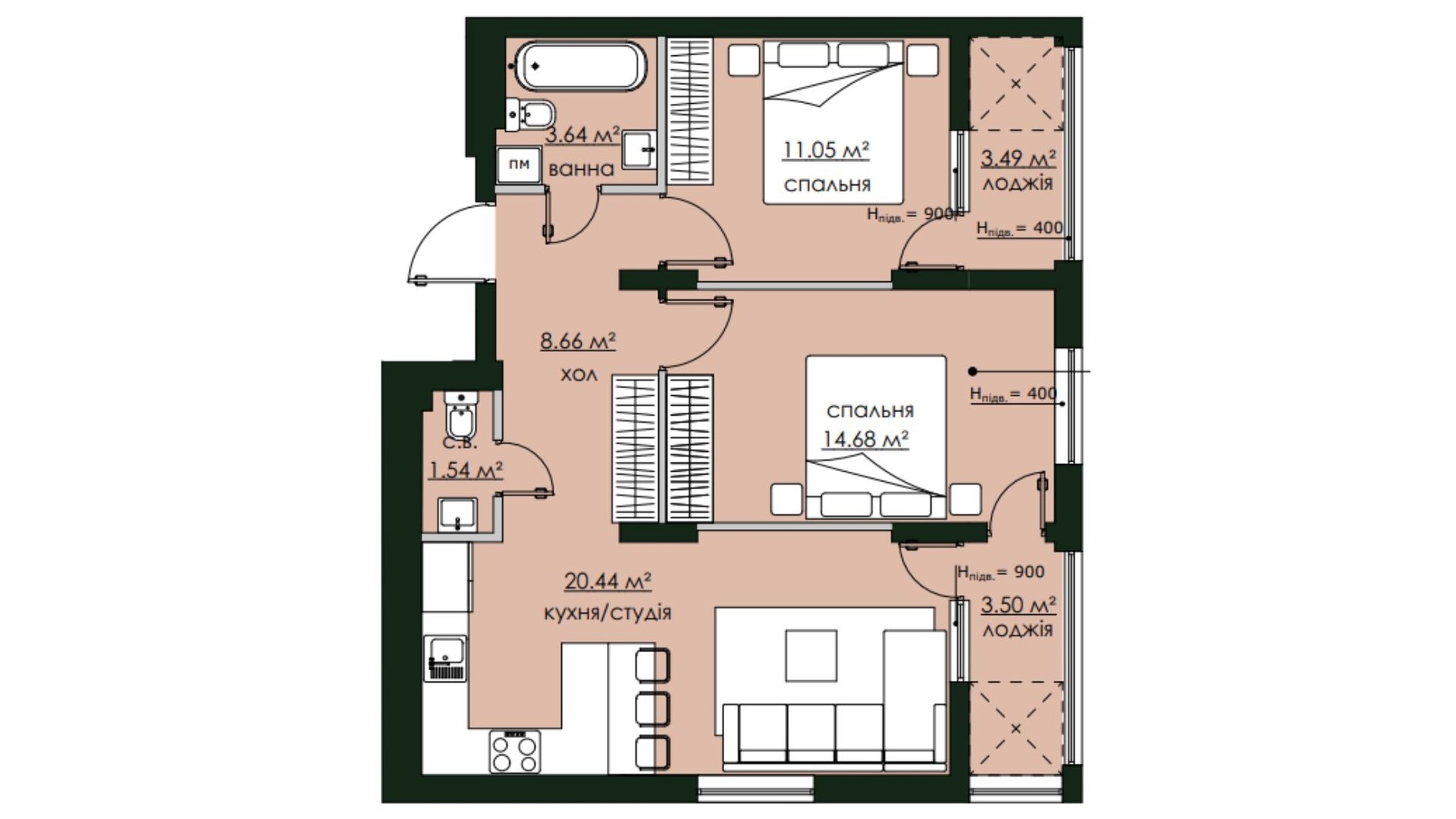 Планування 2-кімнатної квартири в ЖК Бетховен 67 м², фото 642187