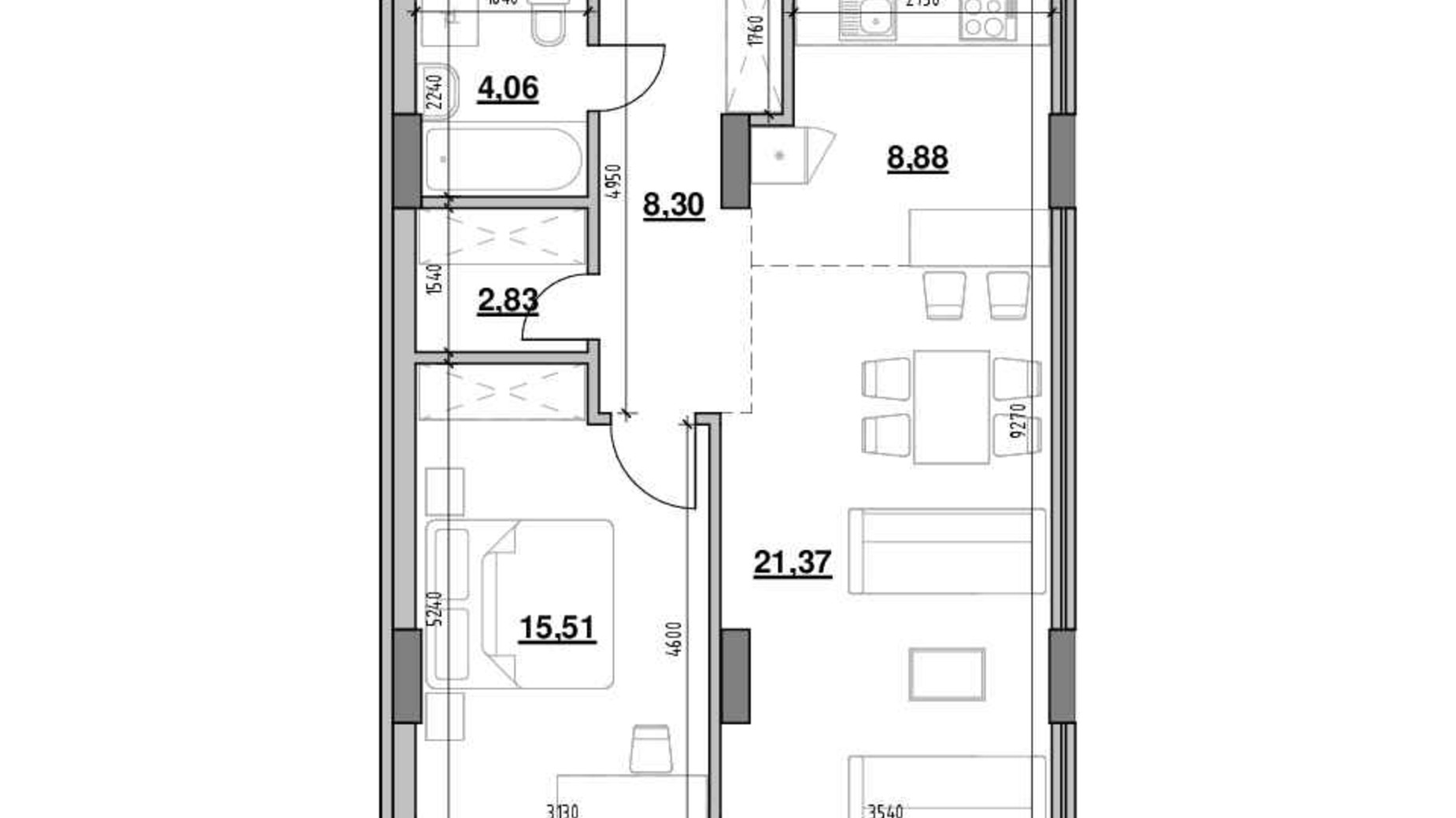 Планировка 2-комнатной квартиры в ЖК Америка 60.95 м², фото 645068