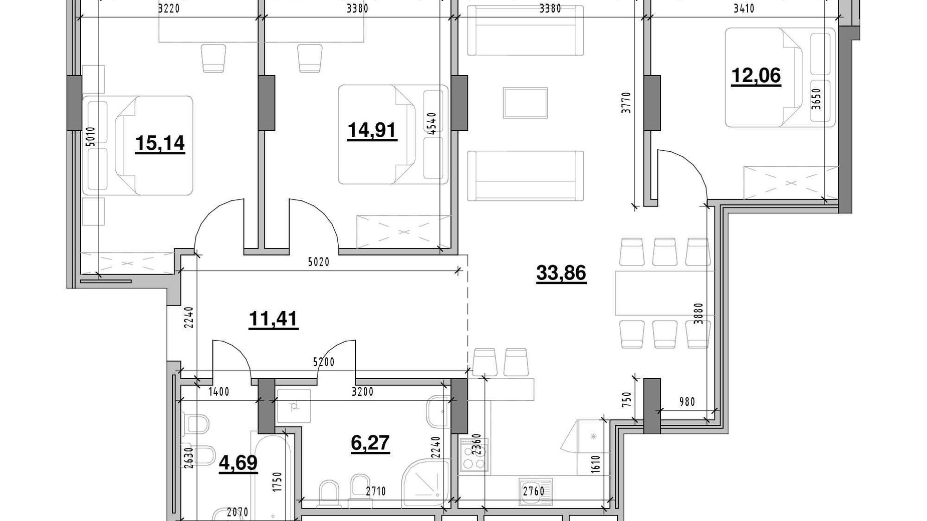 Планировка 3-комнатной квартиры в ЖК Америка 99.7 м², фото 645072