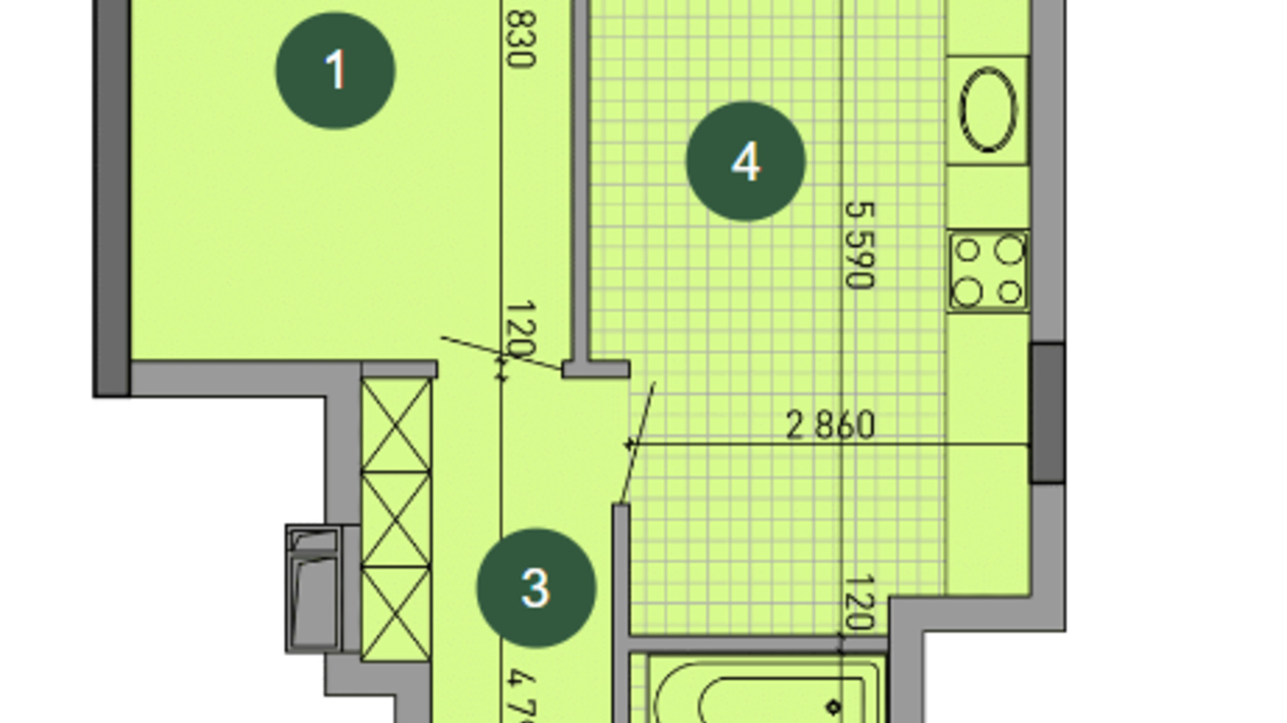 Планування 1-кімнатної квартири в ЖК Паркове місто 45.59 м², фото 647606