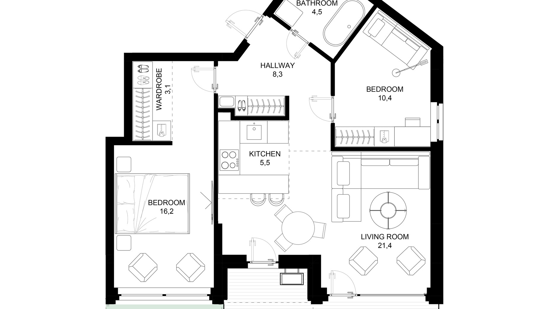 Планировка 2-комнатной квартиры в ЖК 31 74.1 м², фото 647616