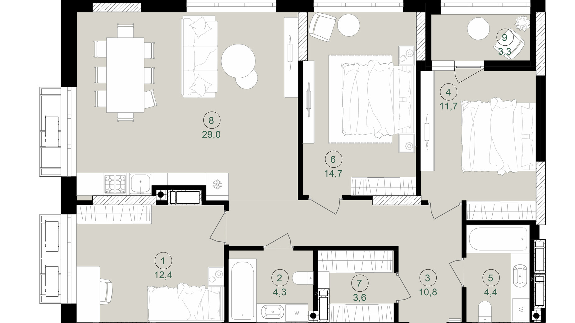 Планировка 3-комнатной квартиры в ЖК Дом на Вавиловых 94.2 м², фото 647810