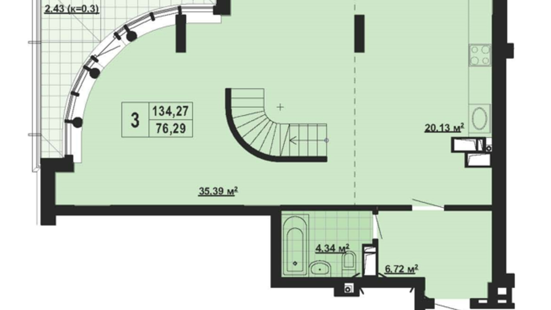 Планировка много­уровневой квартиры в ЖК Парковый Город 134.27 м², фото 650578