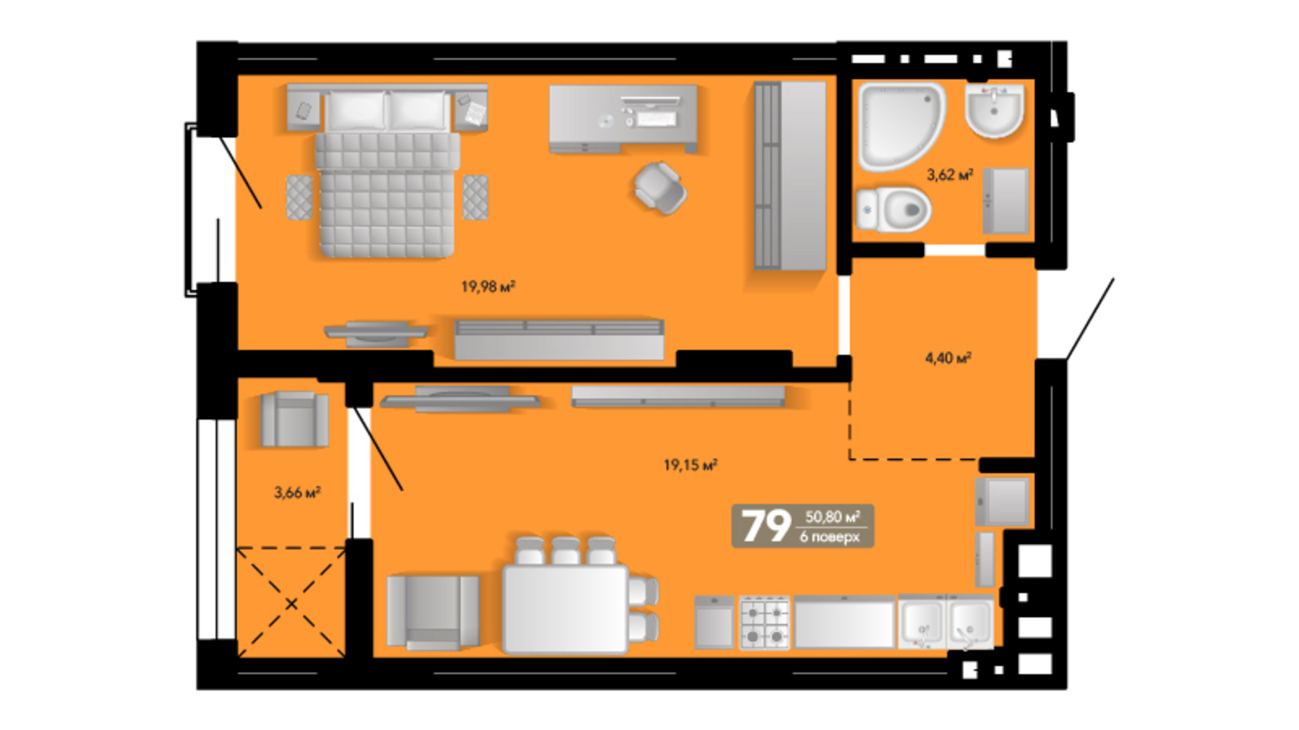 Планування 1-кімнатної квартири в ЖК Весняний 50.8 м², фото 650595