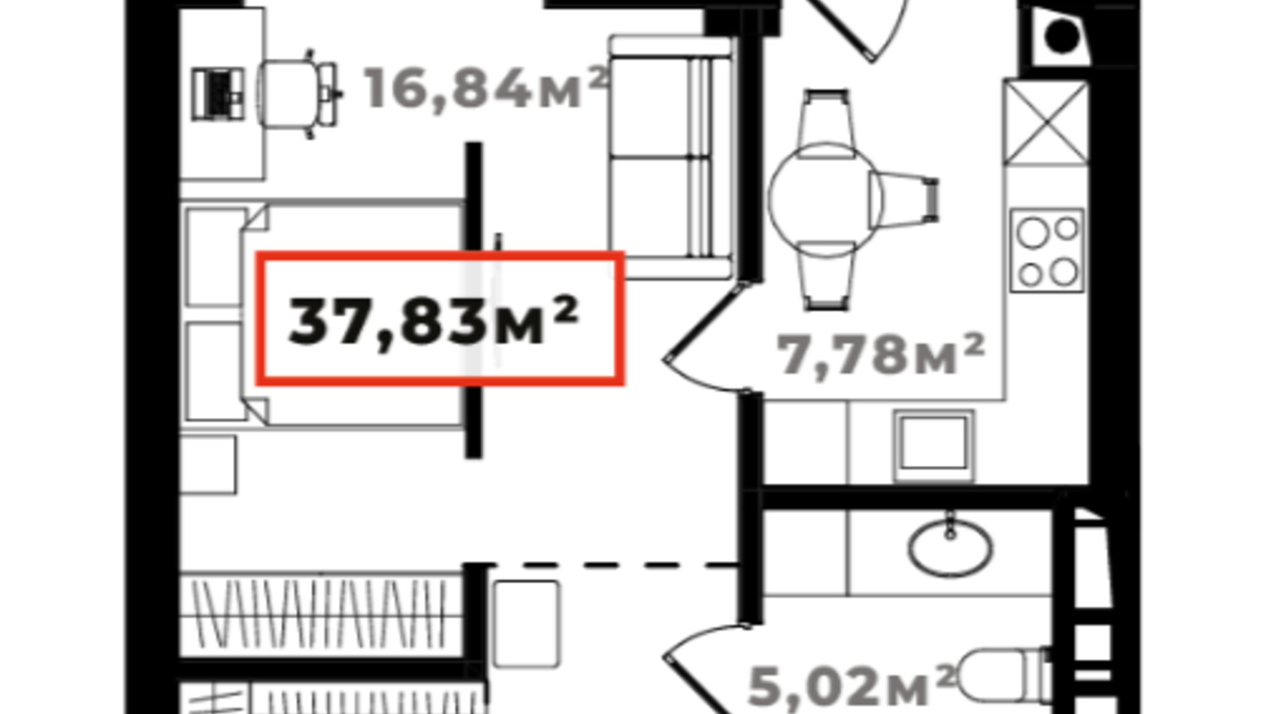 Планировка 1-комнатной квартиры в ЖК Ярко Центр 37.83 м², фото 659887