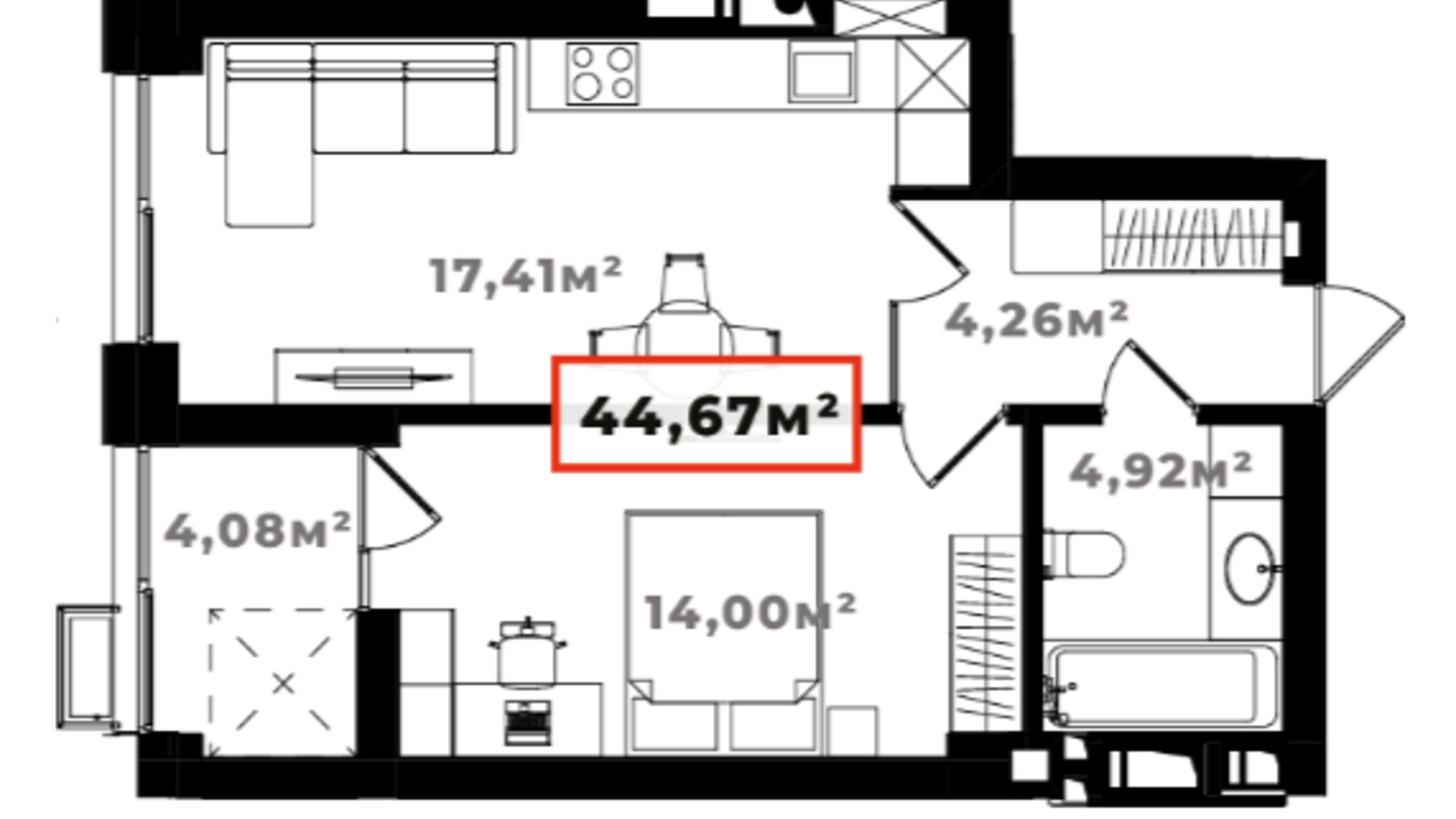 Планировка 1-комнатной квартиры в ЖК Ярко Центр 44.67 м², фото 659888