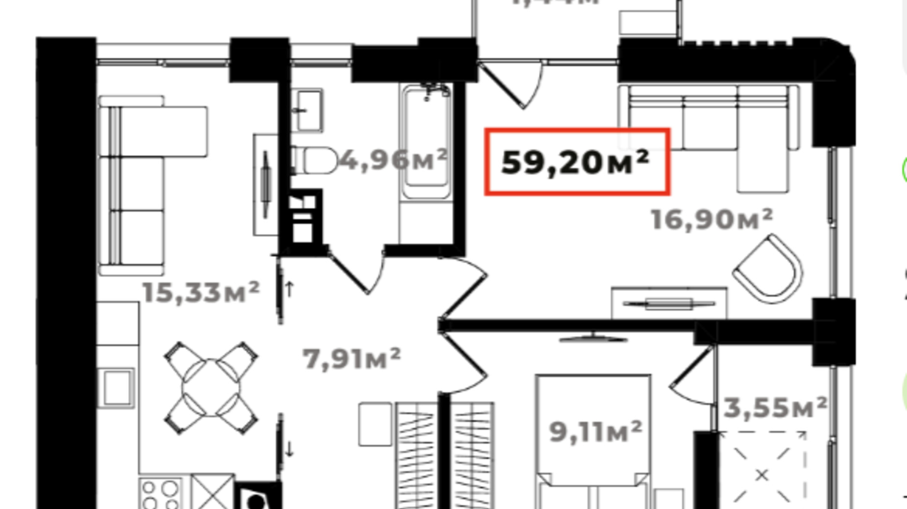 Планировка 2-комнатной квартиры в ЖК Ярко Центр 59.2 м², фото 659890