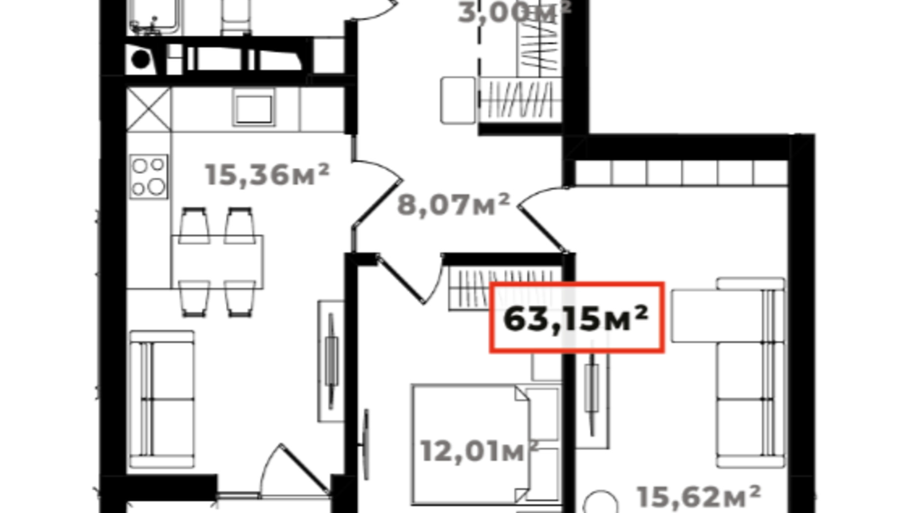 Планировка 2-комнатной квартиры в ЖК Ярко Центр 63.15 м², фото 659891