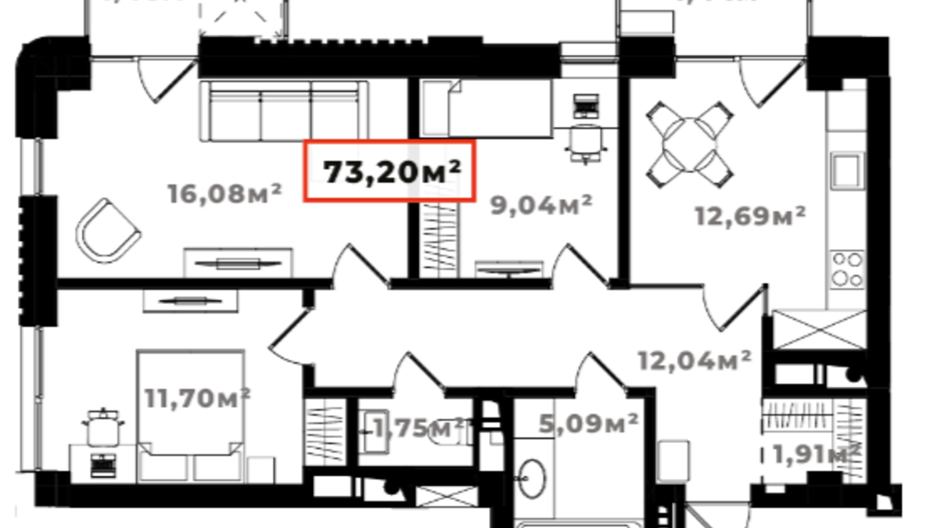 Планировка 3-комнатной квартиры в ЖК Ярко Центр 73.2 м², фото 659892