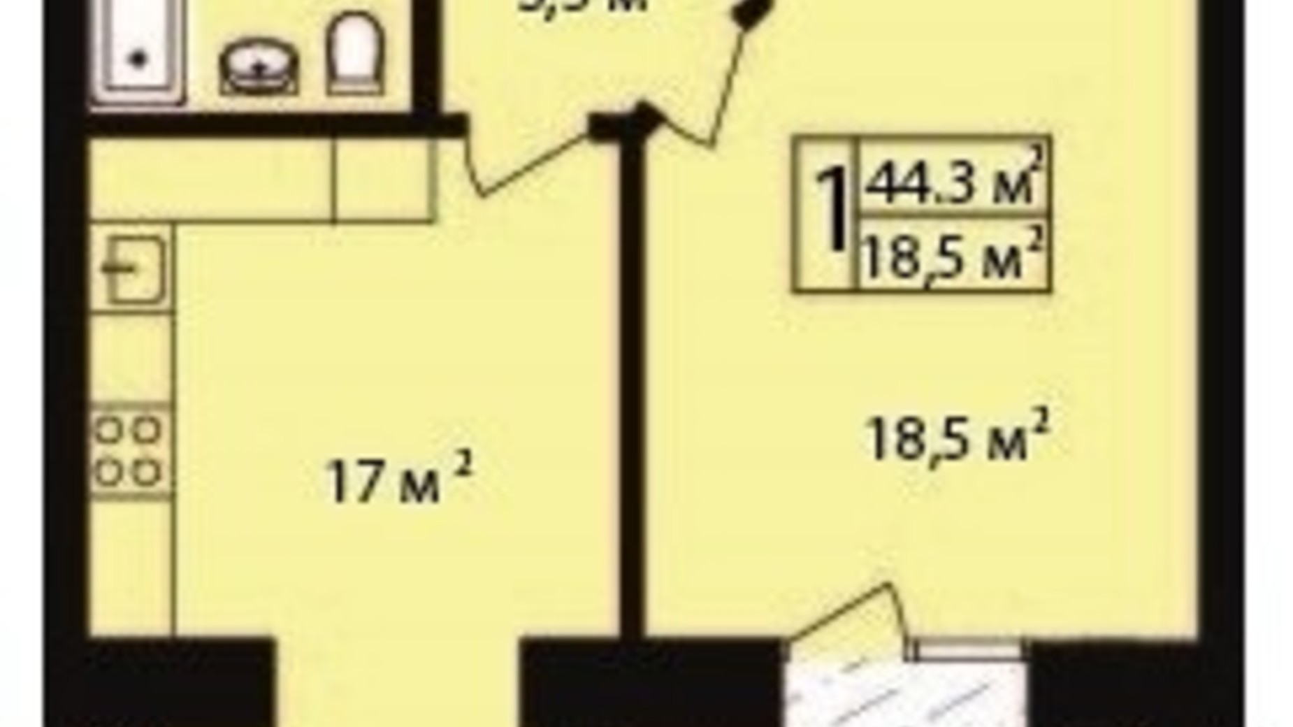 Планування 1-кімнатної квартири в ЖК Dream Park 44.3 м², фото 661300