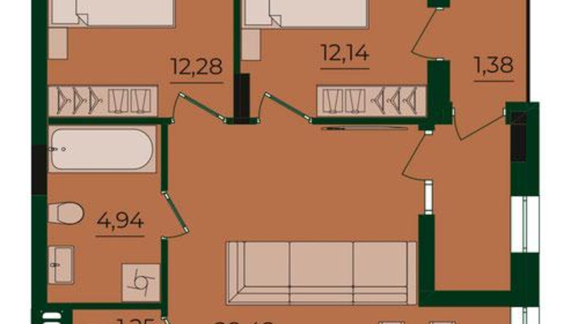 Планування 2-кімнатної квартири в ЖК Svoї ParkHouse 63.74 м², фото 663241