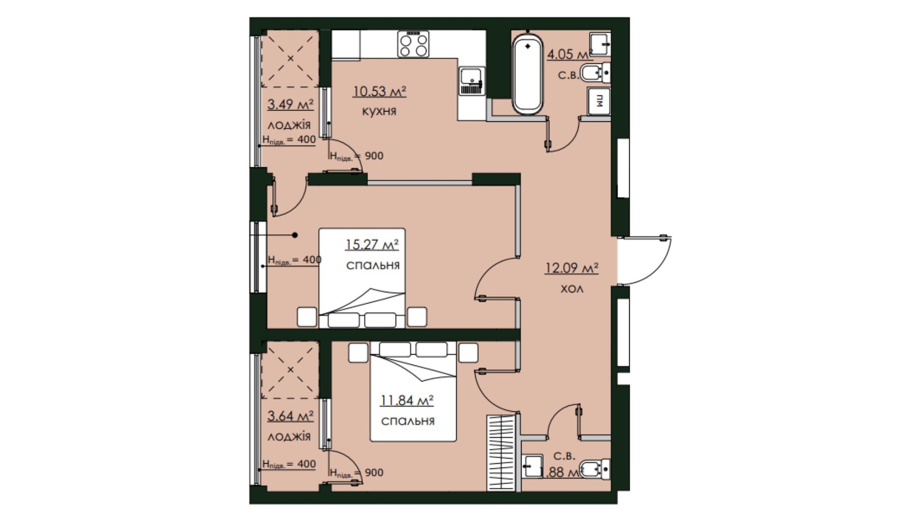 Планування 2-кімнатної квартири в ЖК Бетховен 62.79 м², фото 664097