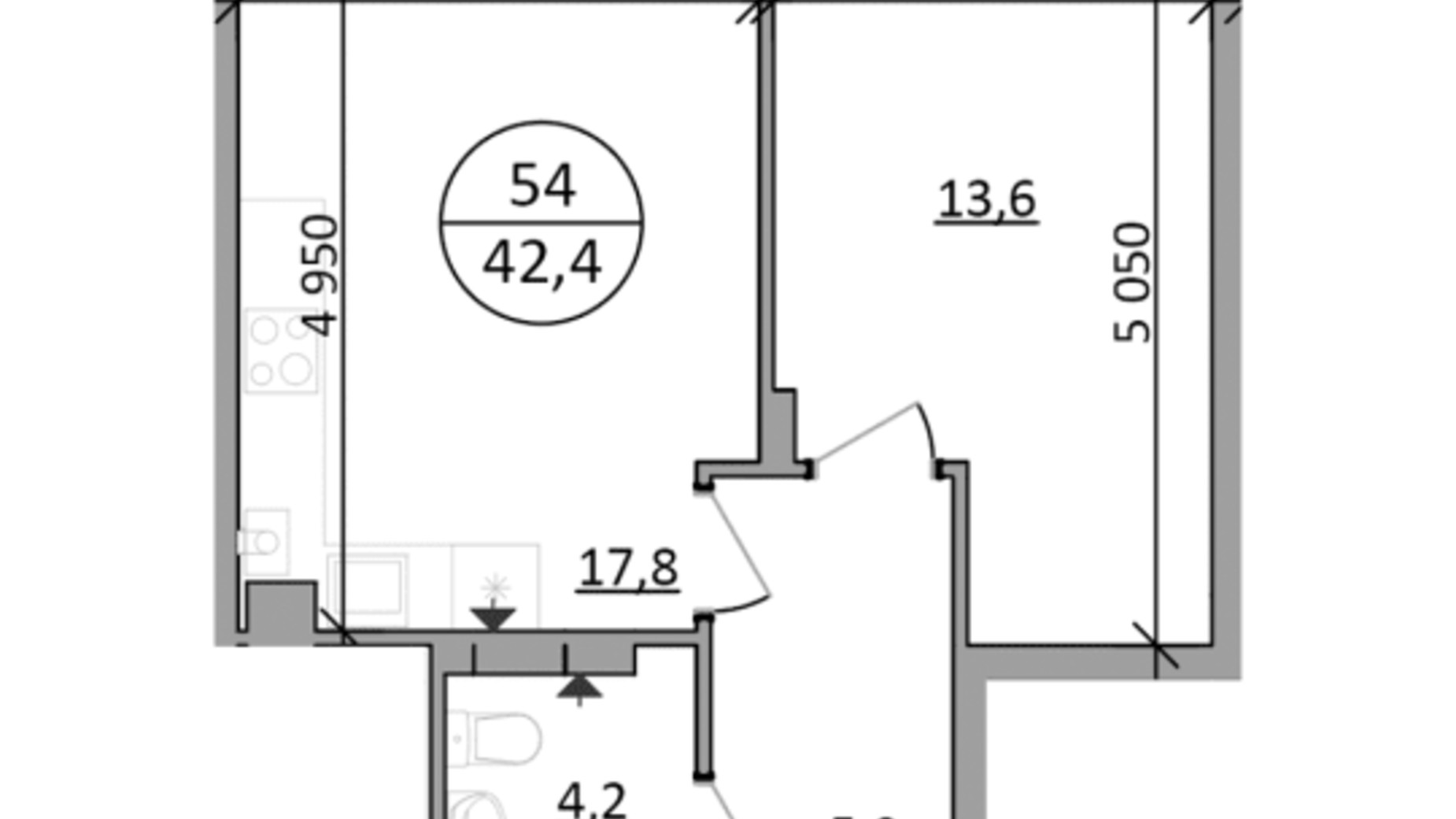 Планування 1-кімнатної квартири в ЖК Грінвуд-2 42.4 м², фото 665408