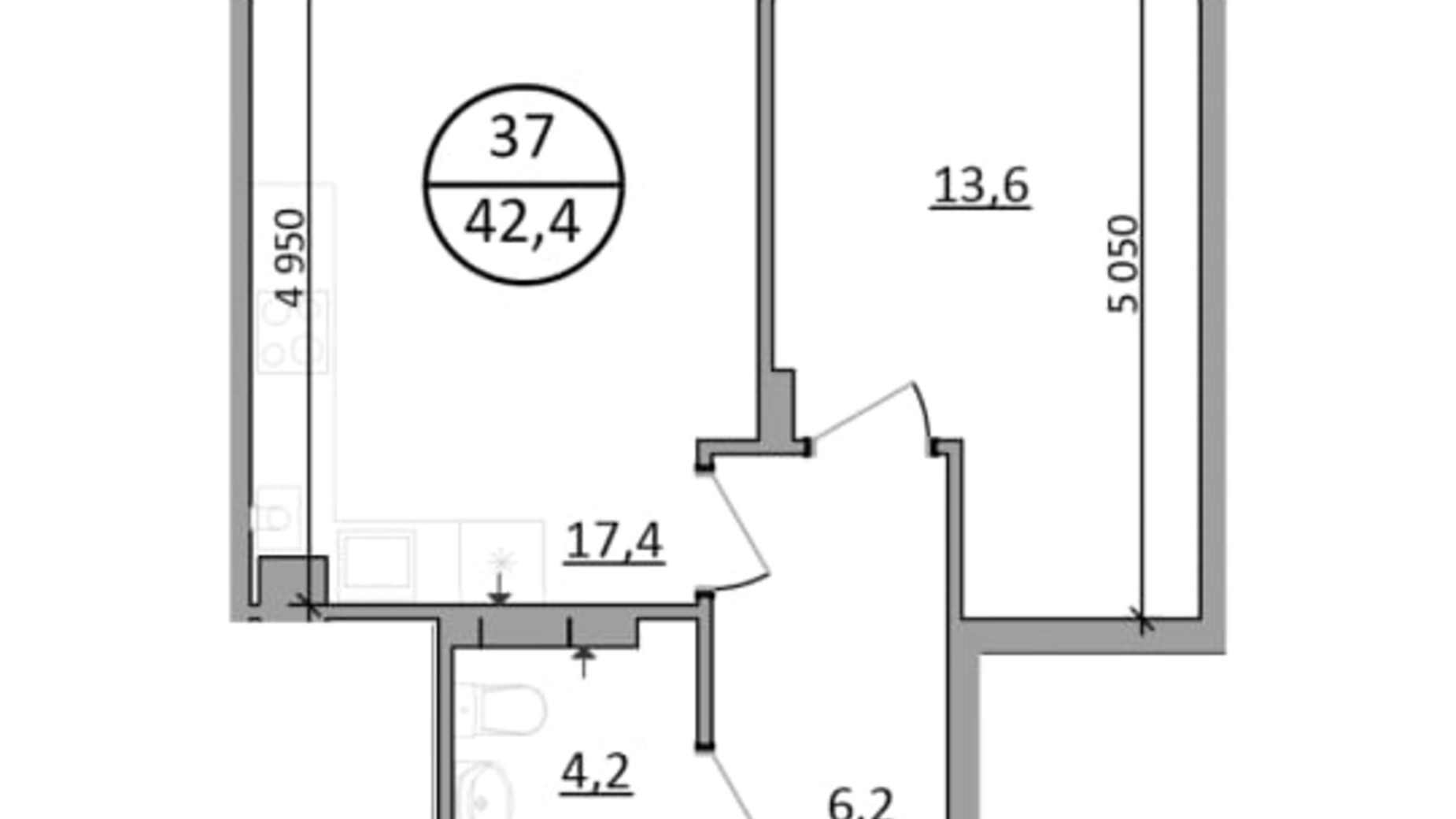 Планування 1-кімнатної квартири в ЖК Грінвуд-2 42.4 м², фото 665410