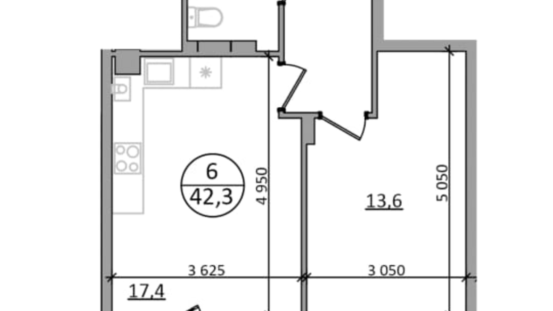 Планування 1-кімнатної квартири в ЖК Грінвуд-2 42.3 м², фото 665421