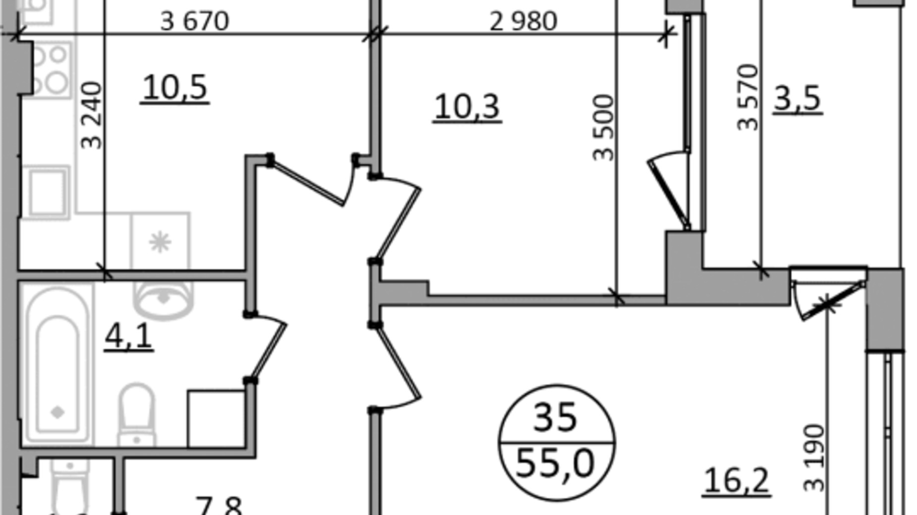Планування 2-кімнатної квартири в ЖК Грінвуд-2 55 м², фото 665423