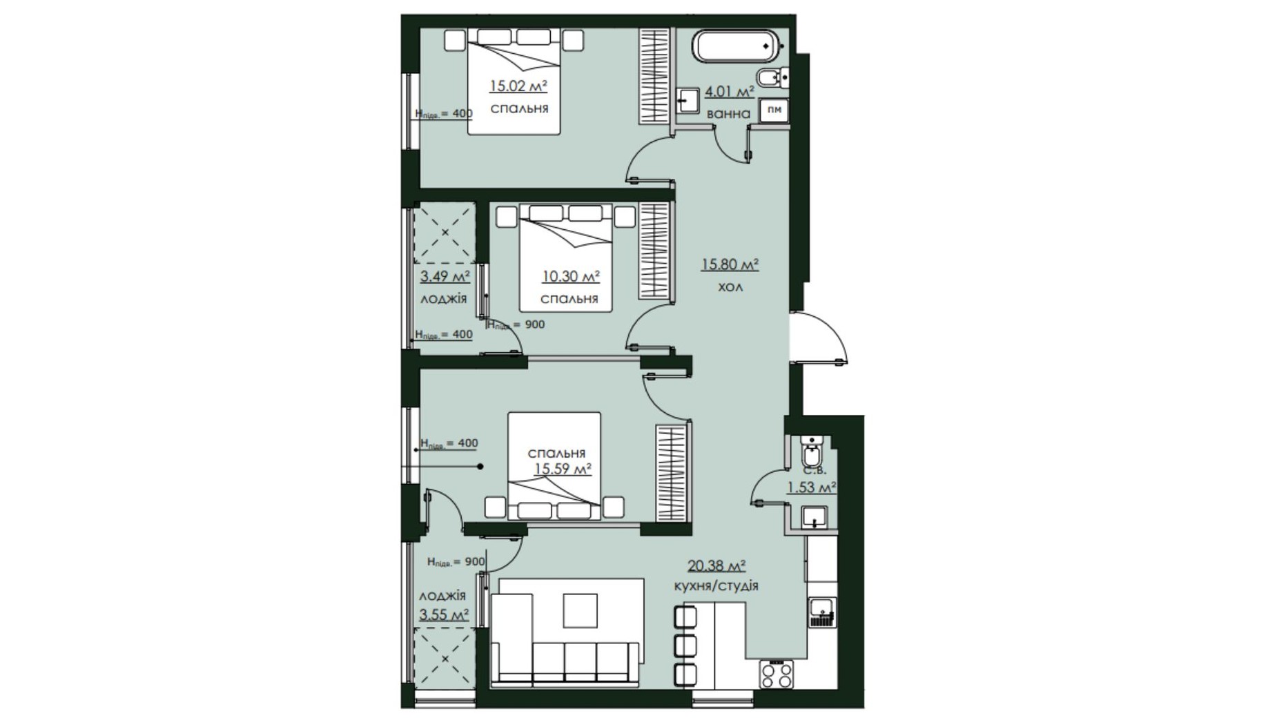 Планування 3-кімнатної квартири в ЖК Бетховен 89.67 м², фото 668611