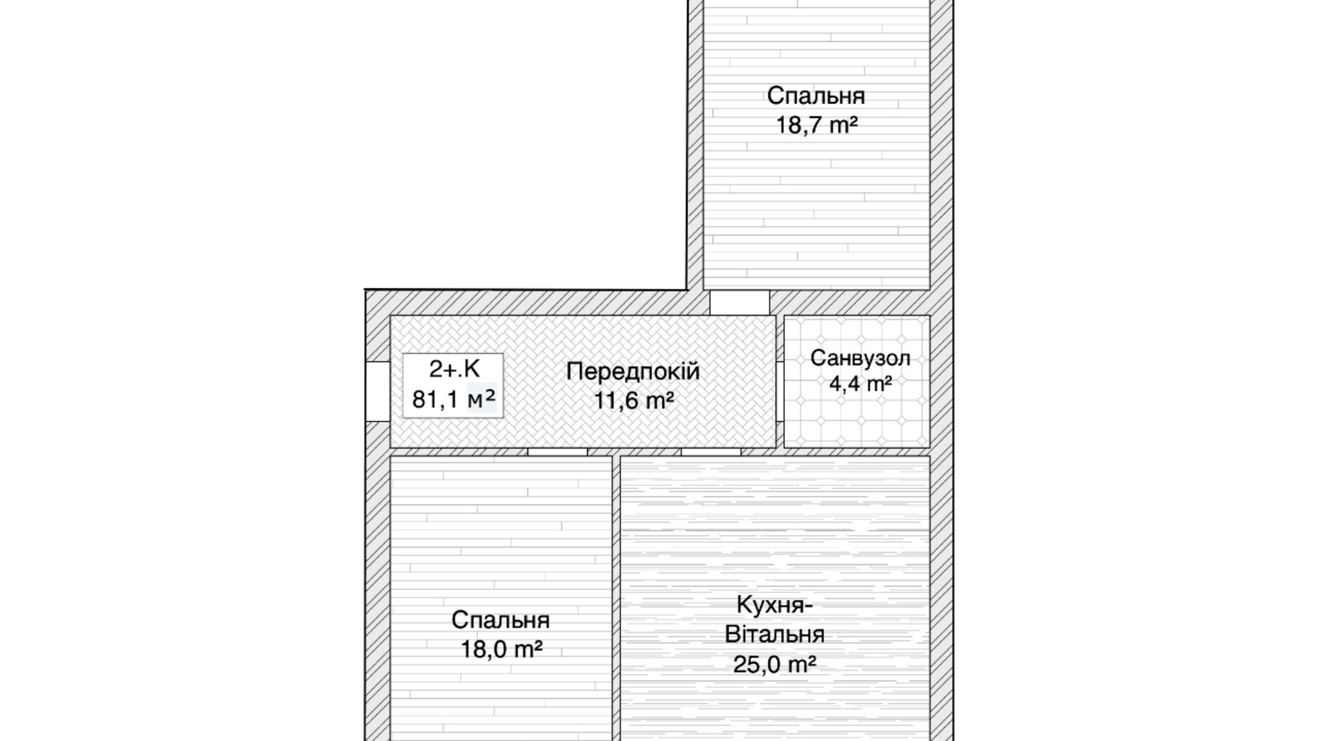 Секция 2, квартира 2-комнатная, общая площадь 81.1 м² Планировка 2-комнатной квартиры в ЖК пер. 1-й Константиновича, 13 81.1 м², фото 670436
