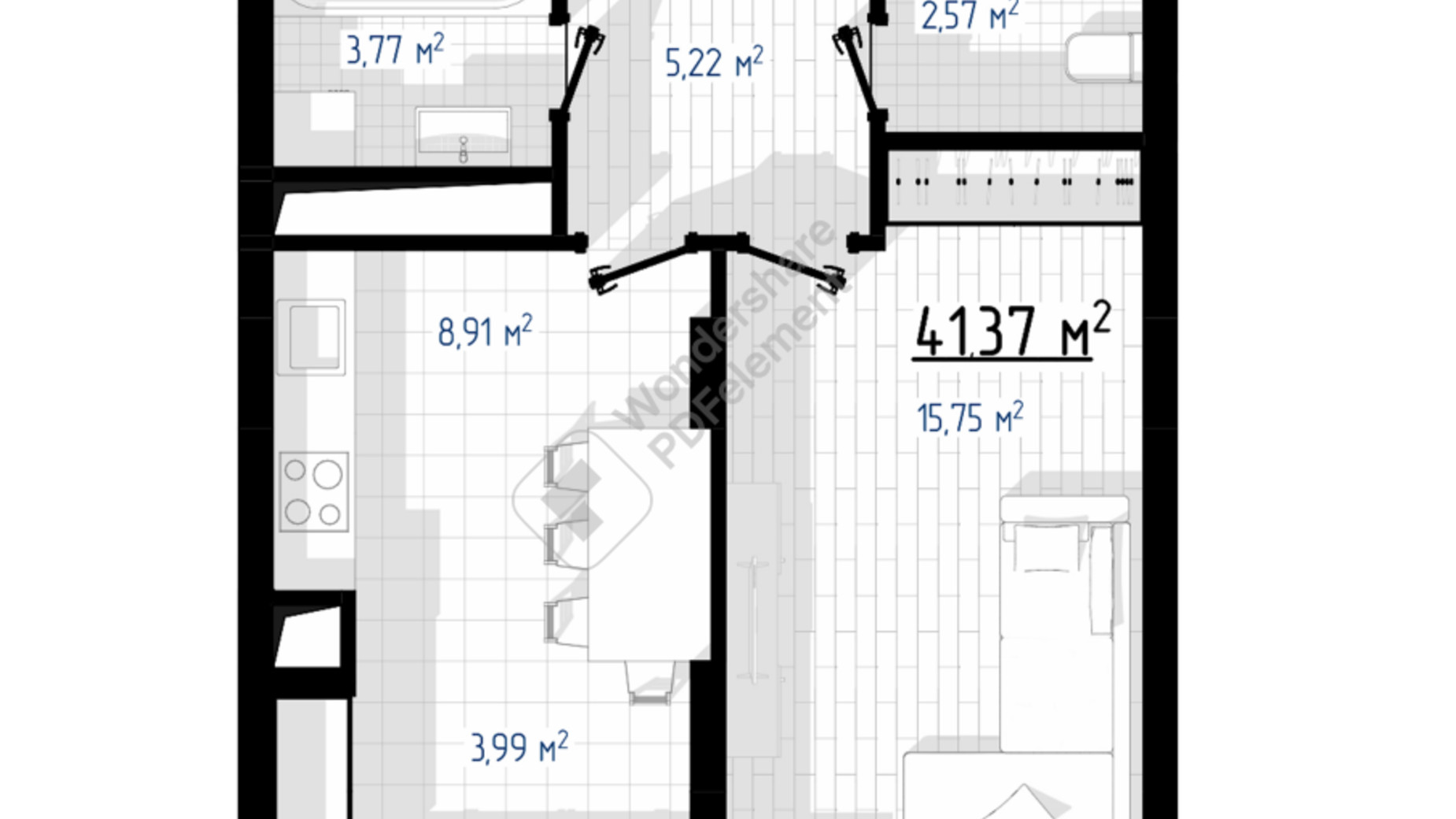Планування 1-кімнатної квартири в ЖК West Hill 41 м², фото 670874