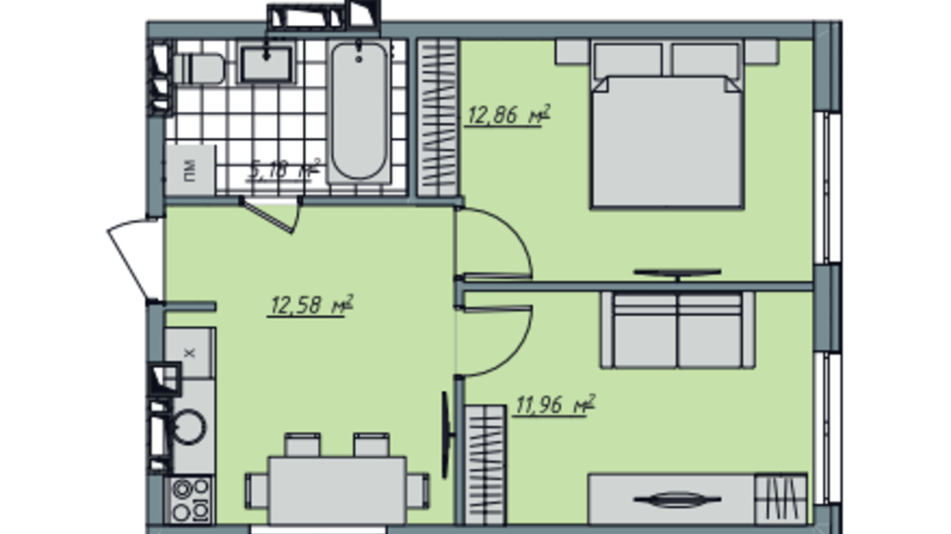 Планування 2-кімнатної квартири в ЖК Sofi House 42.63 м², фото 671762