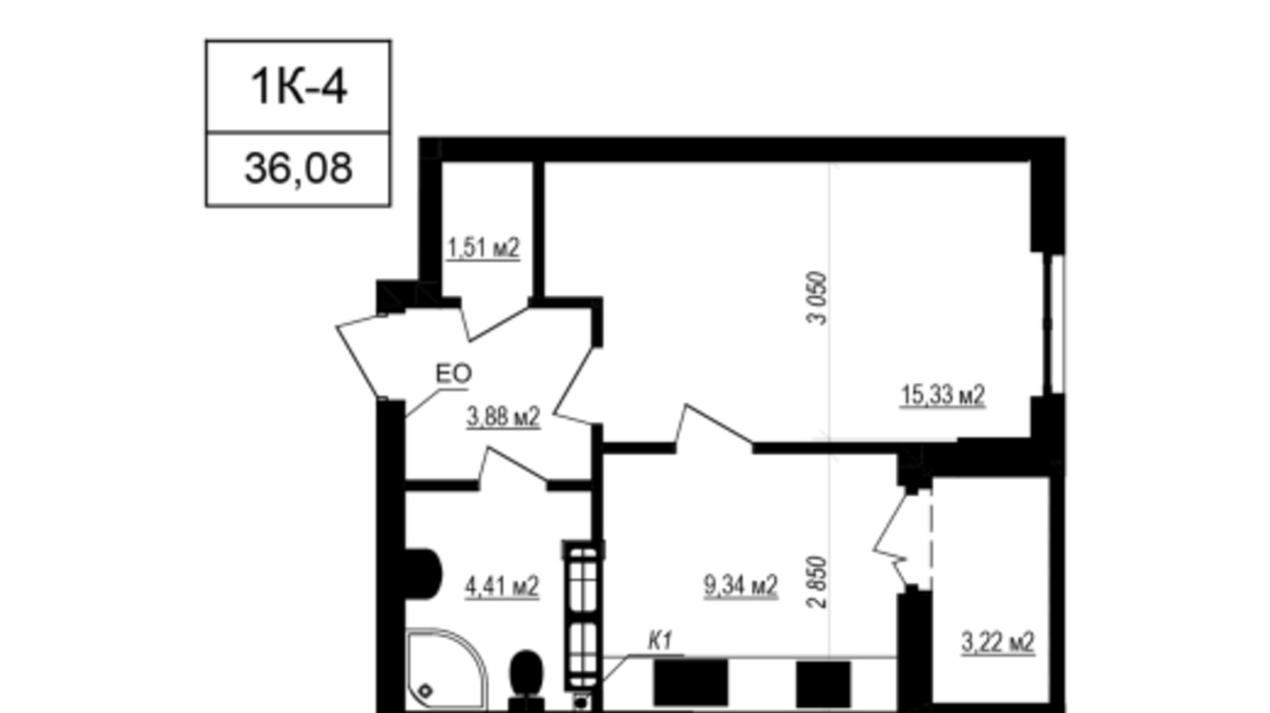 Планировка 1-комнатной квартиры в ЖК Щасливий Grand 36.08 м², фото 671856