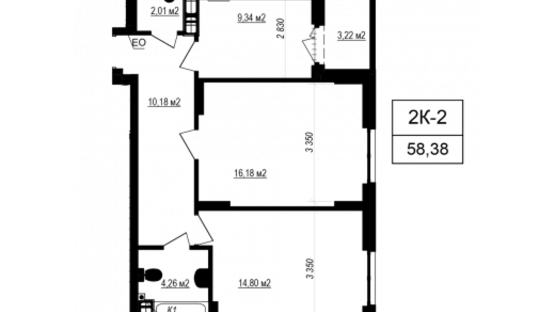 Планировка 2-комнатной квартиры в ЖК Щасливий Grand 58.38 м², фото 673236