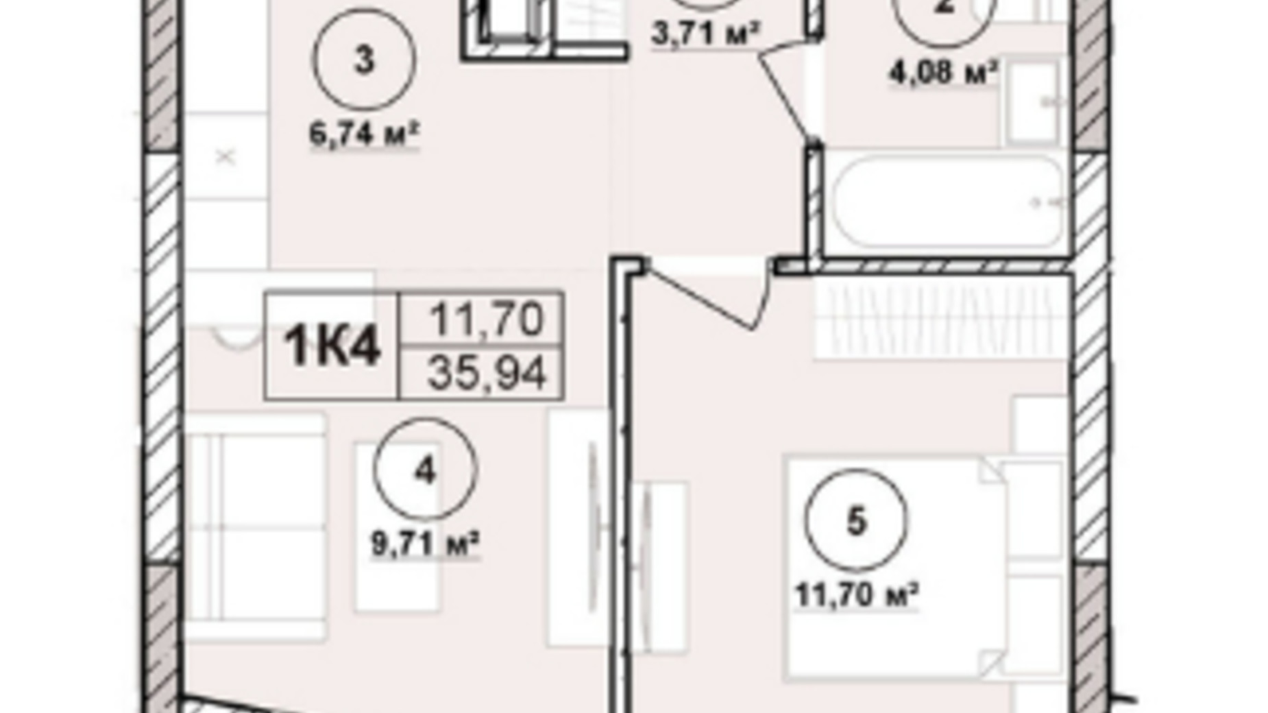 Планировка апартаментов в ЖК Milltown 35.94 м², фото 673241