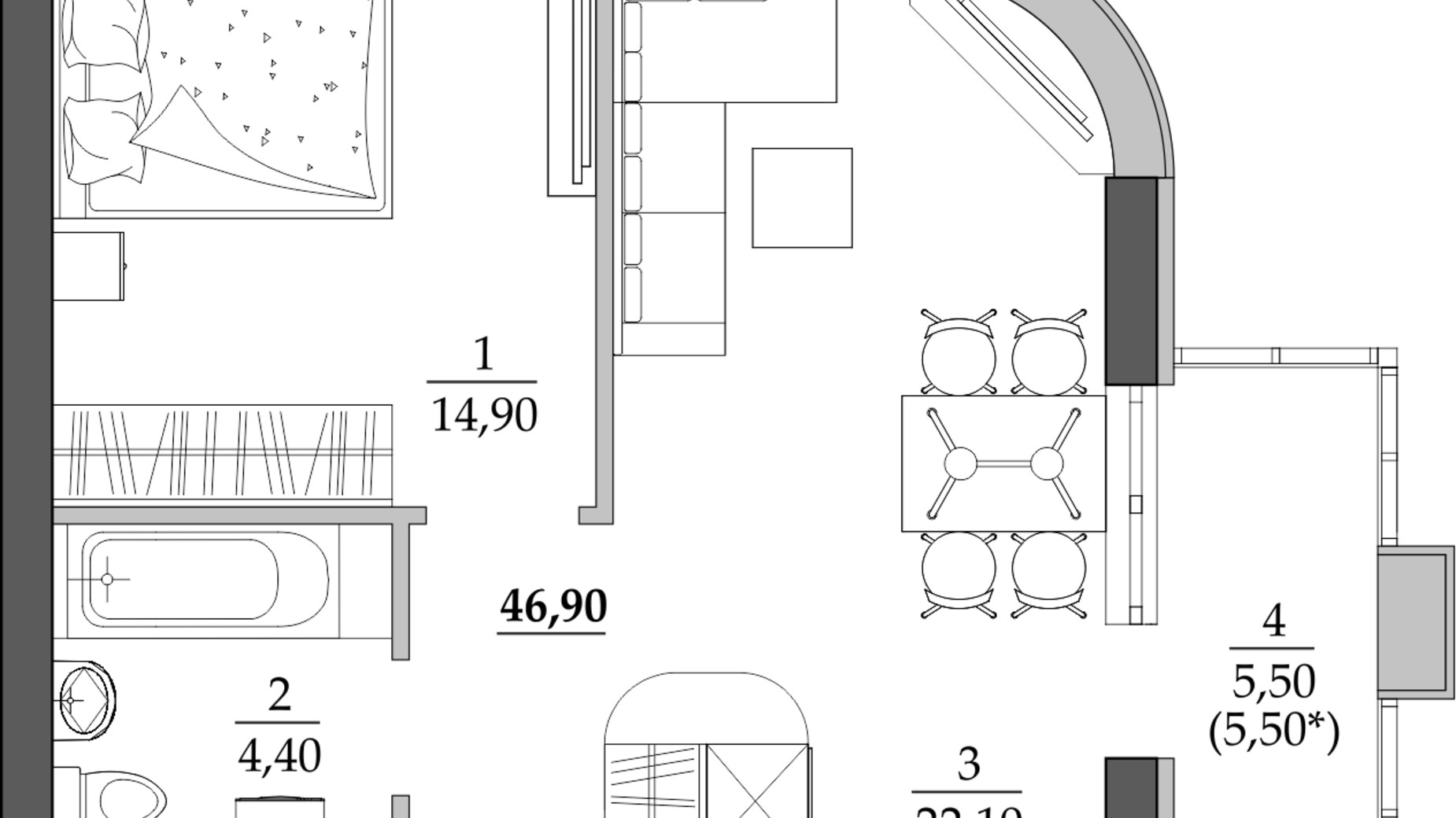 Планування 1-кімнатної квартири в ЖК Таїровські сади 46.9 м², фото 677830
