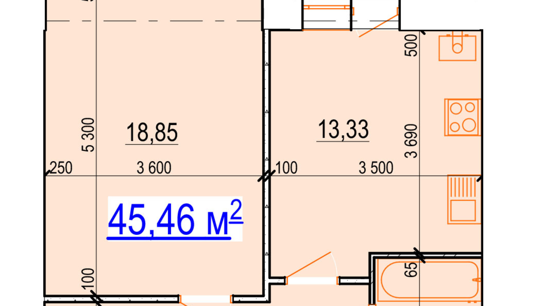 Планування 1-кімнатної квартири в ЖК Manhattan 45.46 м², фото 690304