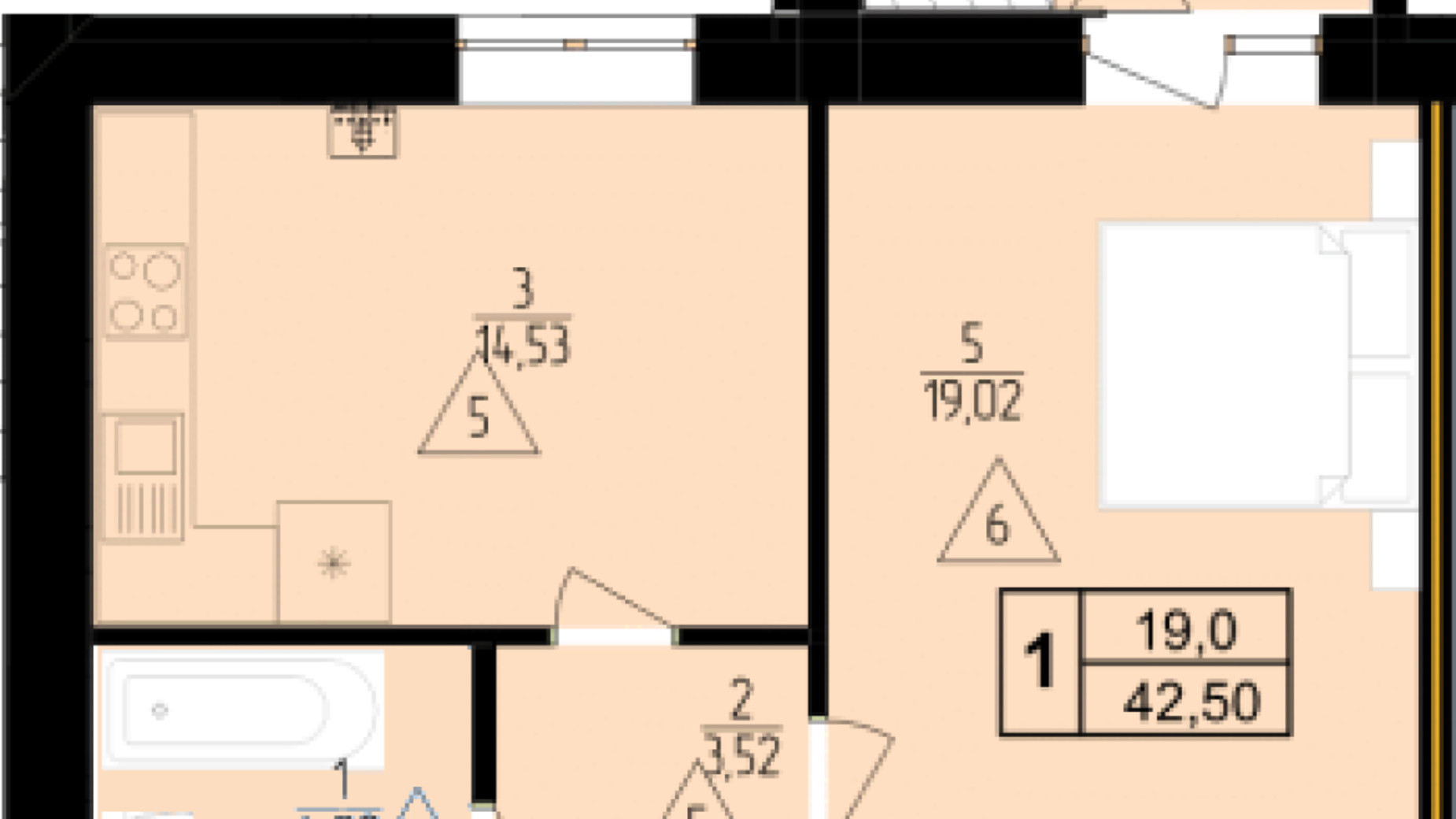 Планування 1-кімнатної квартири в ЖК Мрія Золочів 42.6 м², фото 690351