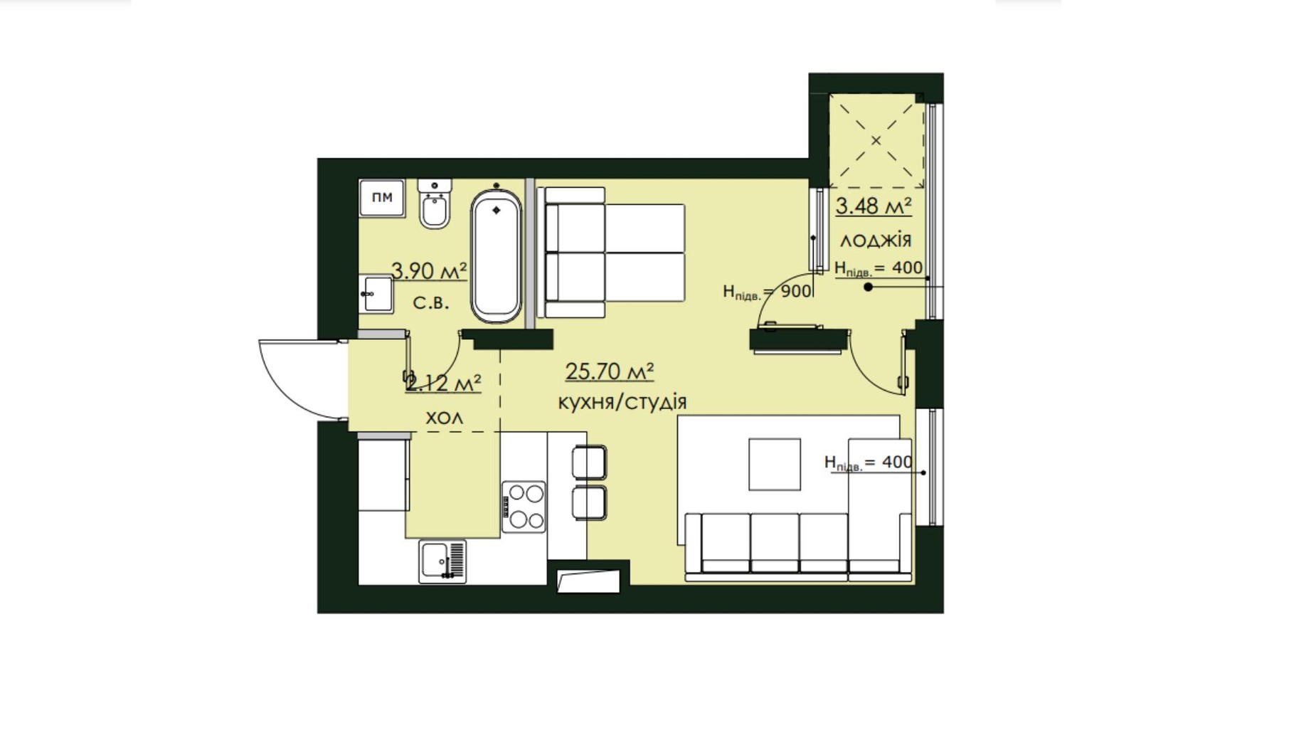 Планування 1-кімнатної квартири в ЖК Бетховен 35.2 м², фото 693496