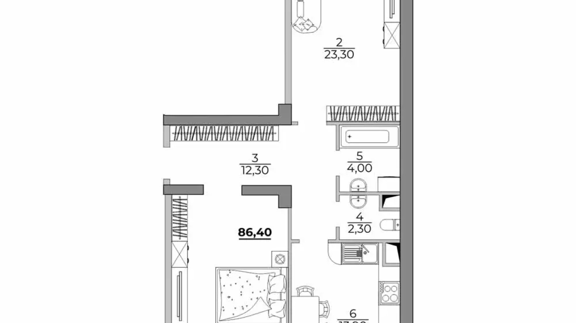 Секция 2В, дом 2, квартира 3-комнатная, общая площадь 85.8 м² Планировка 3-комнатной квартиры в ЖК Aqua Marine 85.8 м², фото 723662