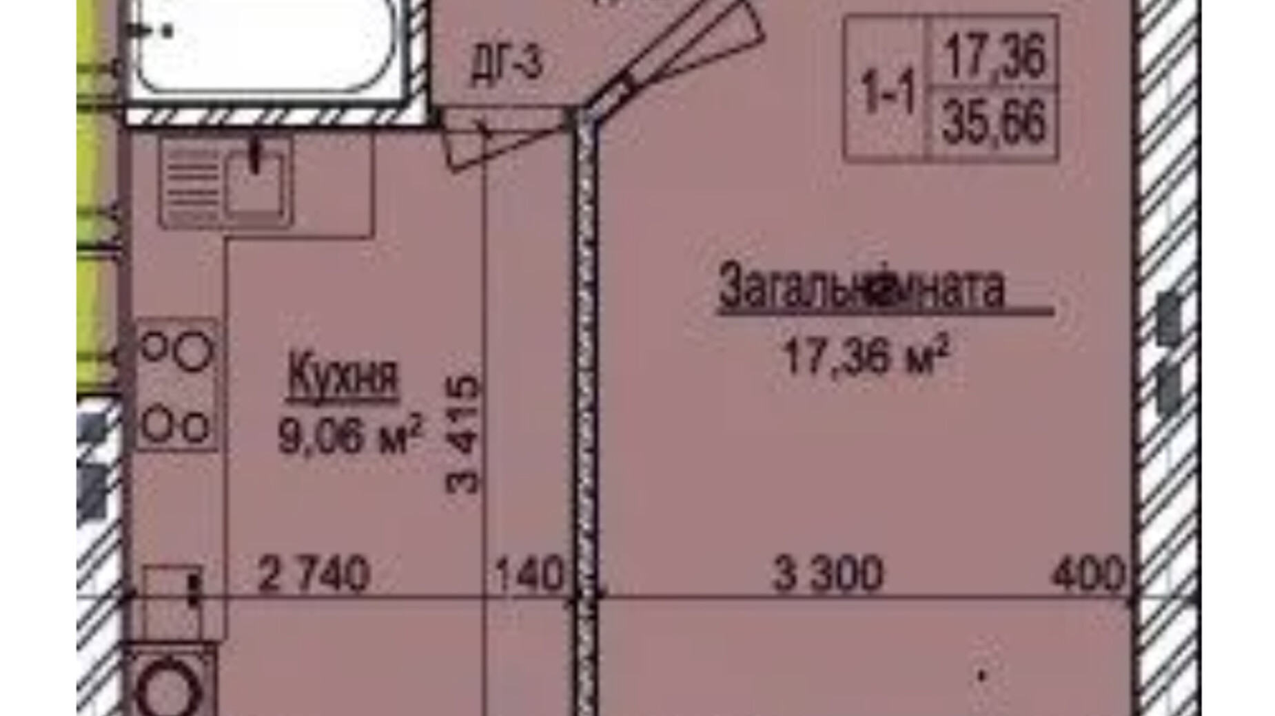 Будинок 14/3, квартира 1-кімнатна, загальна площа 35.66 м² Планування 1-кімнатної квартири в ЖК У-Квартал 35.66 м², фото 825967