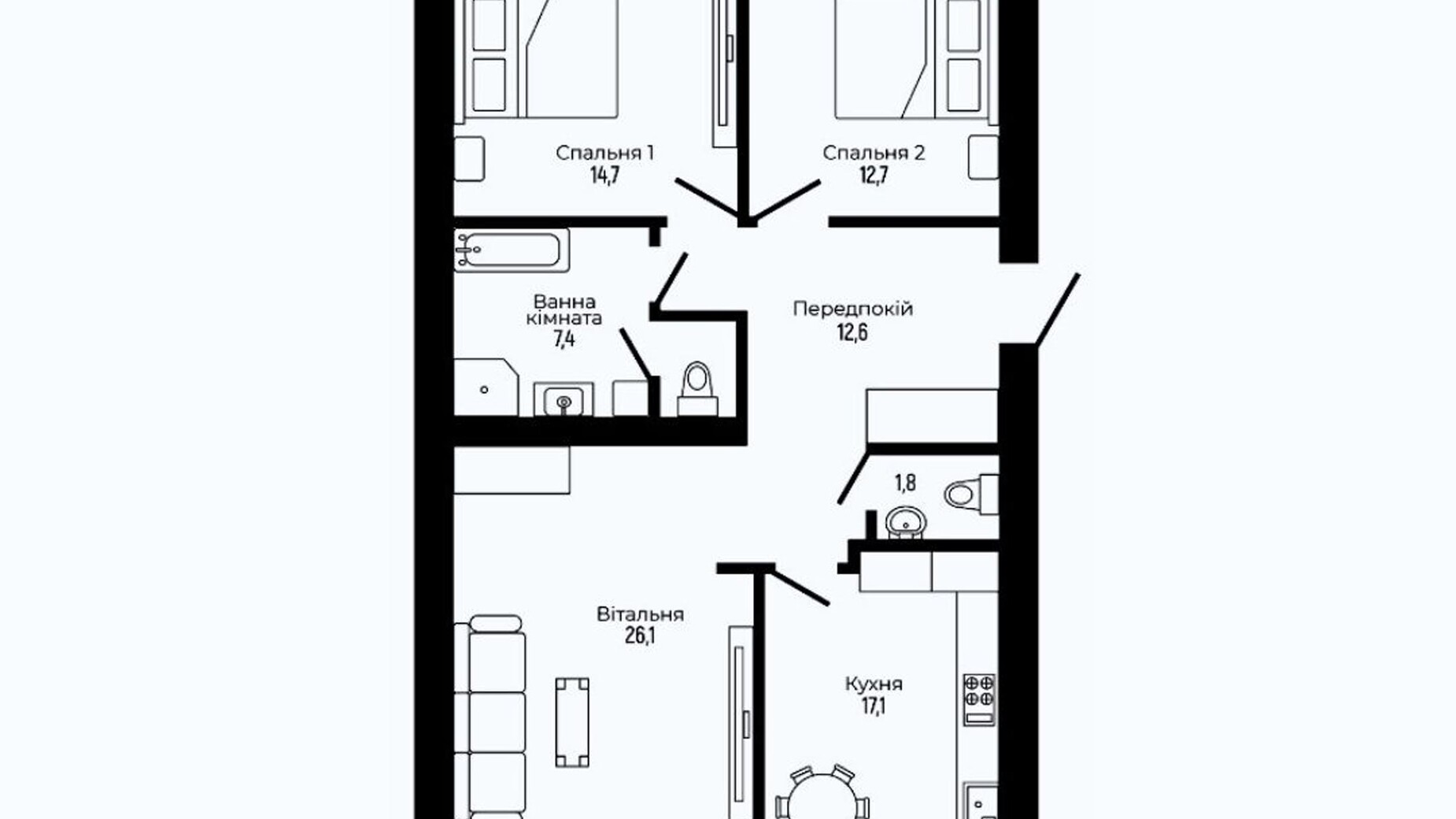 Секция 1, квартира 3-комнатная, общая площадь 94.2 м² Планировка 3-комнатной квартиры в ЖК Краєвид Верховини 94.2 м², фото 882407