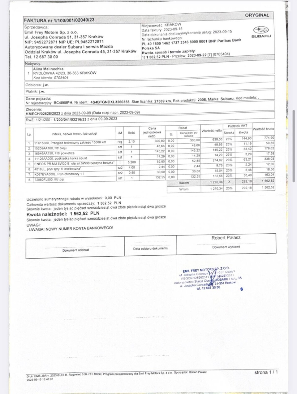 Рахунок за ТО на сервісі Subaru в Кракові