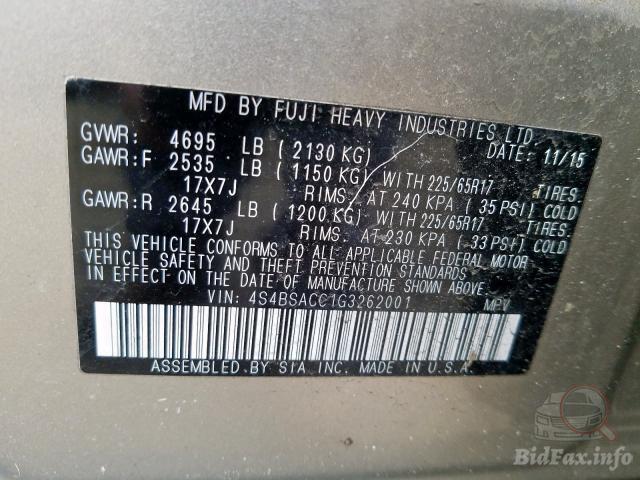 Subaru Outback 2015 VIN 4S4BSACC1G3262001 фото оголошення 21 з 53